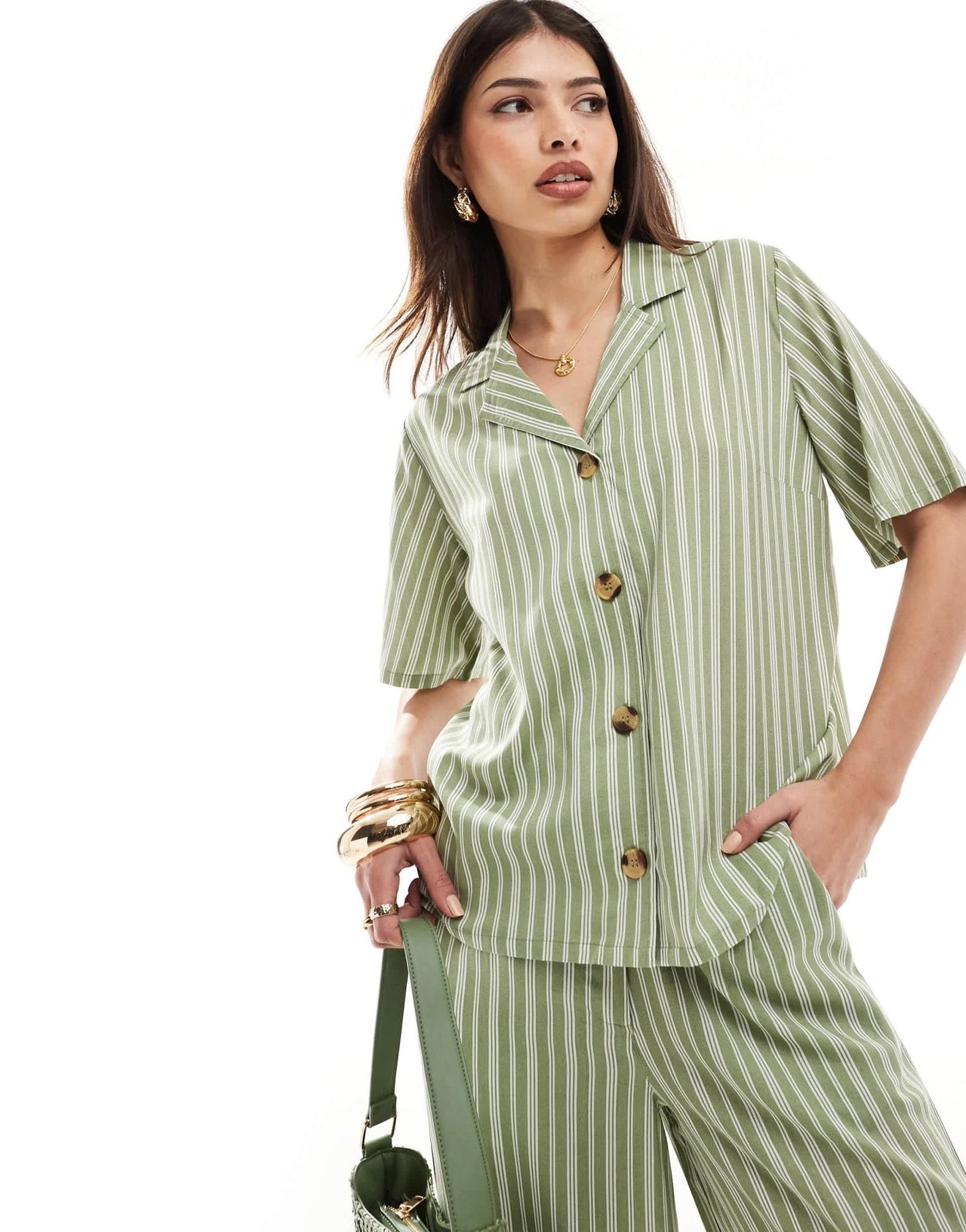 Wednesday's Girl striped linen shirt co - ord in sage green - ASOS Sample Sale EU Store