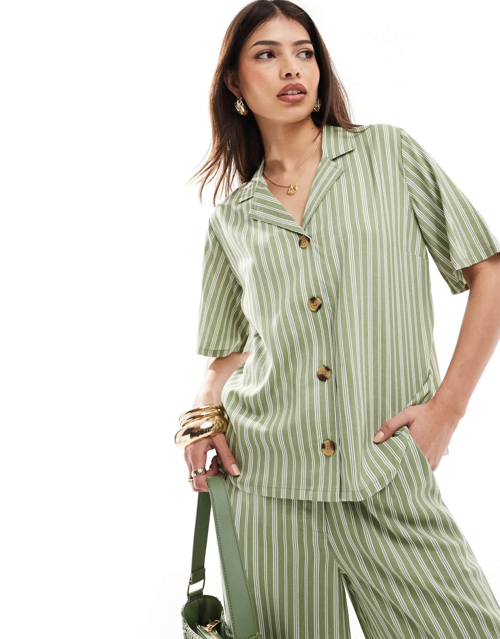 Wednesday's Girl striped linen shirt co - ord in sage green - ASOS Sample Sale EU Store