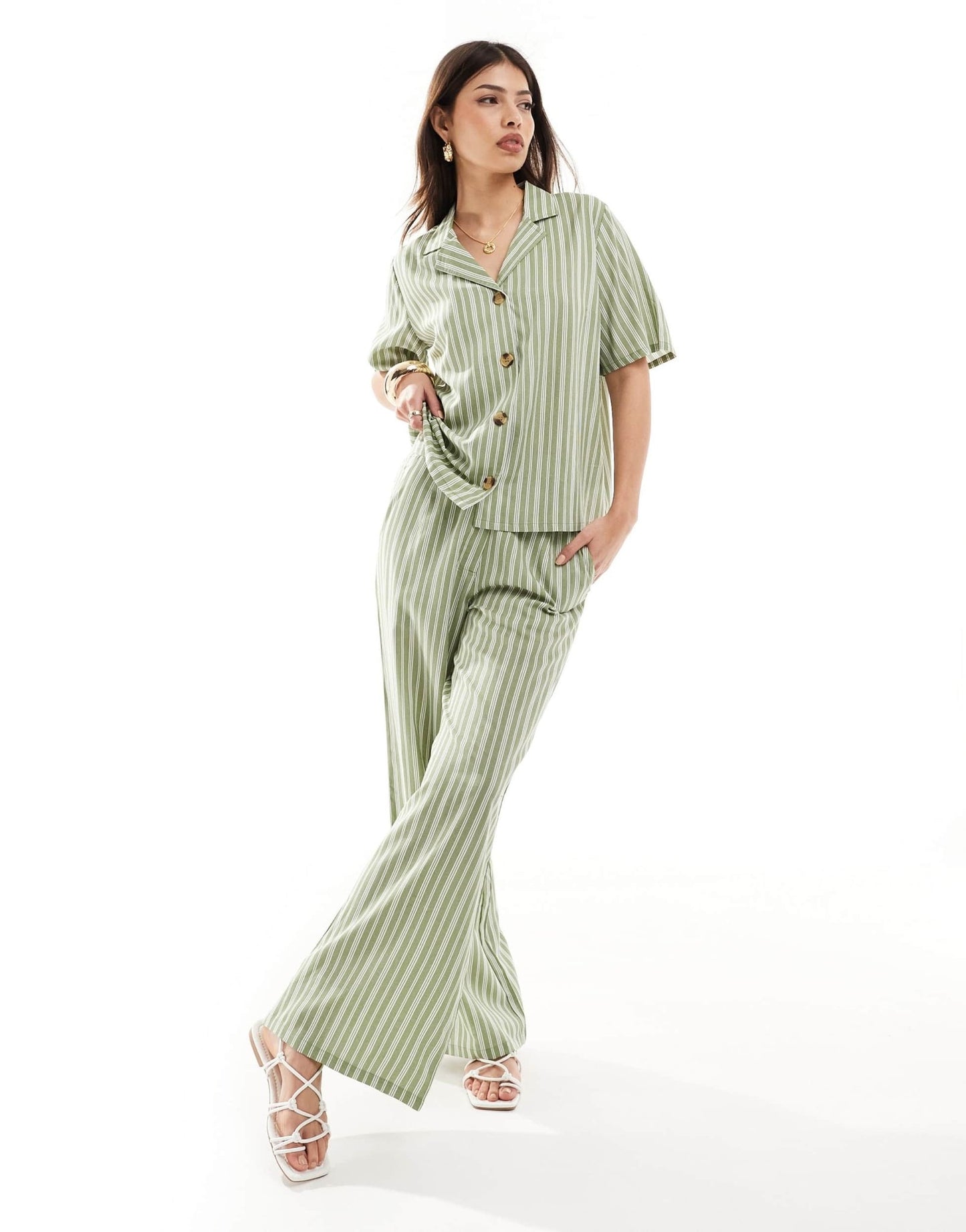 Wednesday's Girl striped linen shirt co - ord in sage green - ASOS Sample Sale EU Store
