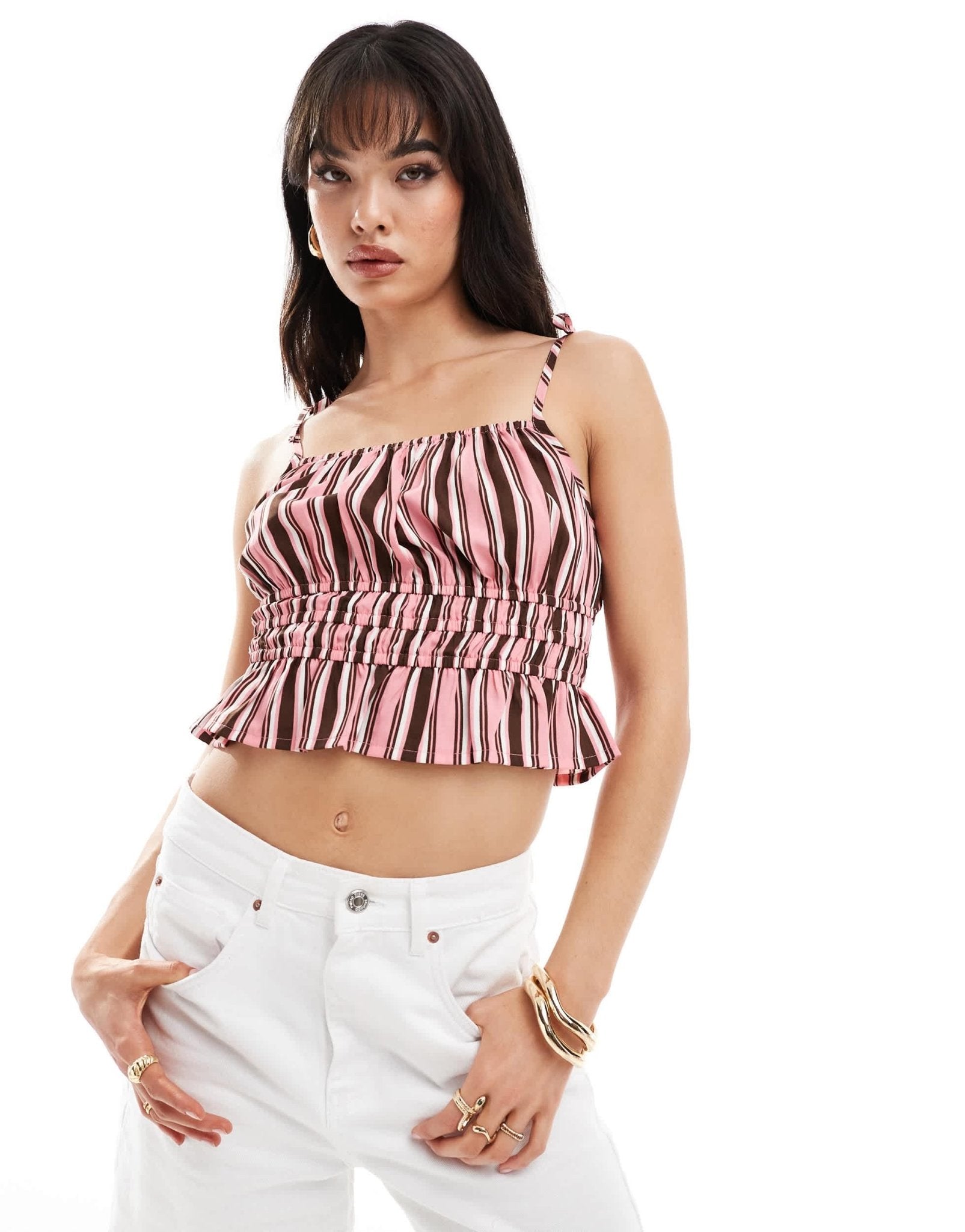 Wednesday's Girl striped tie shoulder cami top in pink - ASOS Sample Sale EU Store