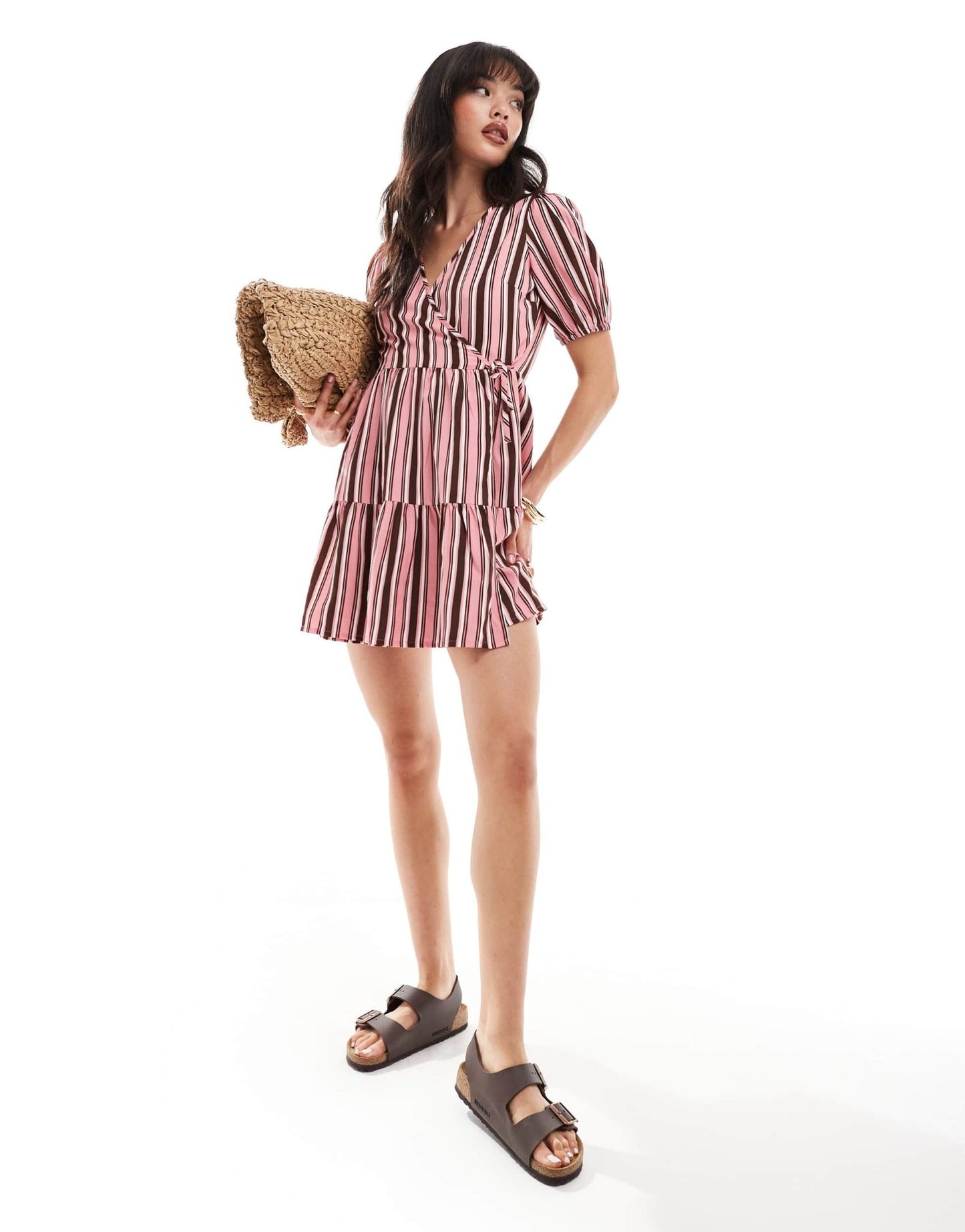 Wednesday's Girl striped tiered wrap smock dress in pink - ASOS Sample Sale EU Store