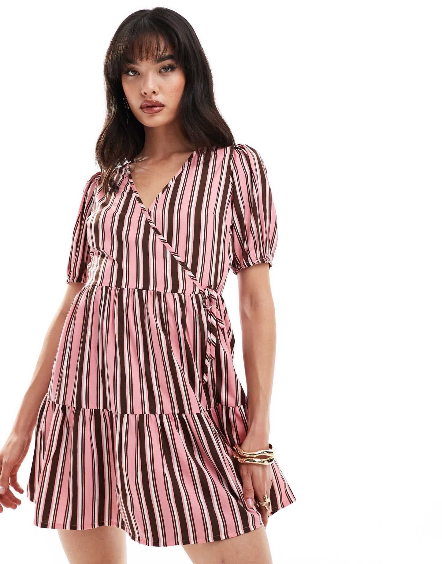 Wednesday's Girl striped tiered wrap smock dress in pink - ASOS Sample Sale EU Store
