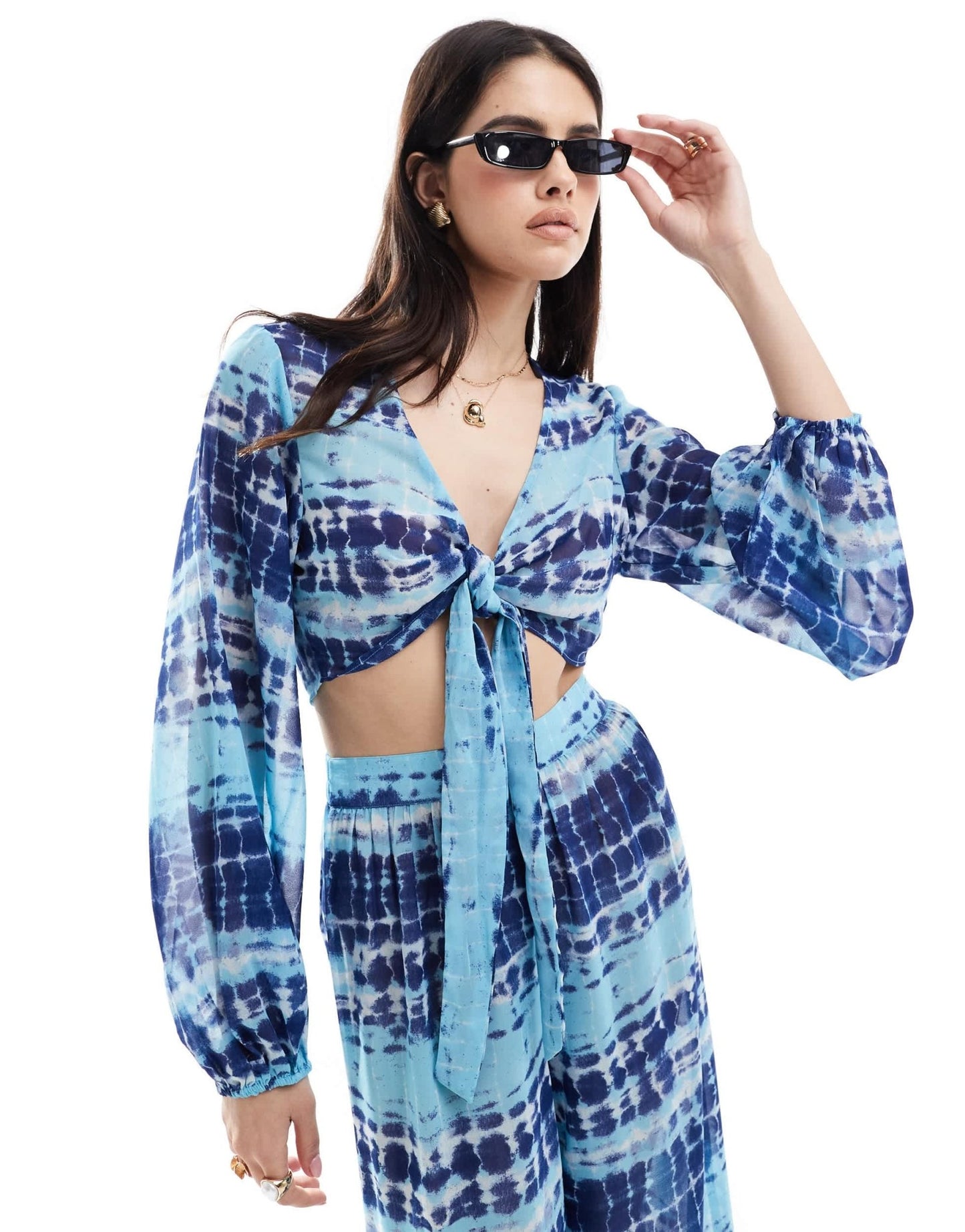 Wednesday's Girl tie - detail long sleeve batik print beach top in blue co - ord - ASOS Sample Sale EU Store