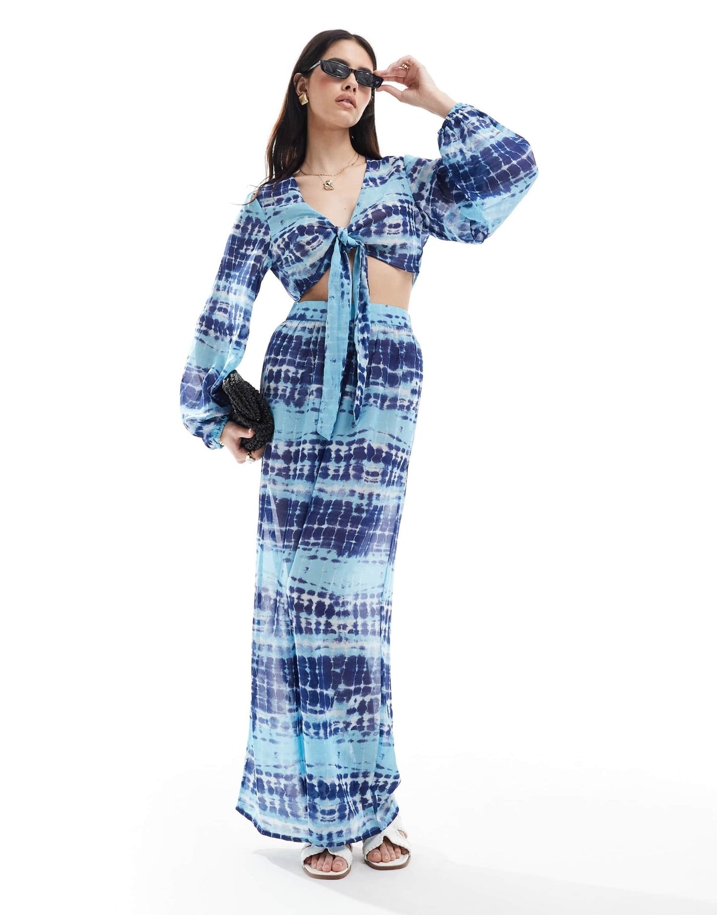 Wednesday's Girl tie - detail long sleeve batik print beach top in blue co - ord - ASOS Sample Sale EU Store
