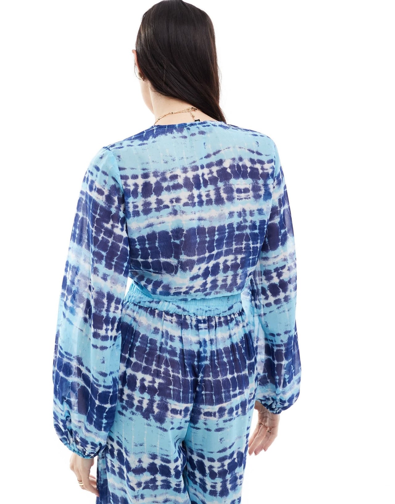 Wednesday's Girl tie - detail long sleeve batik print beach top in blue co - ord - ASOS Sample Sale EU Store