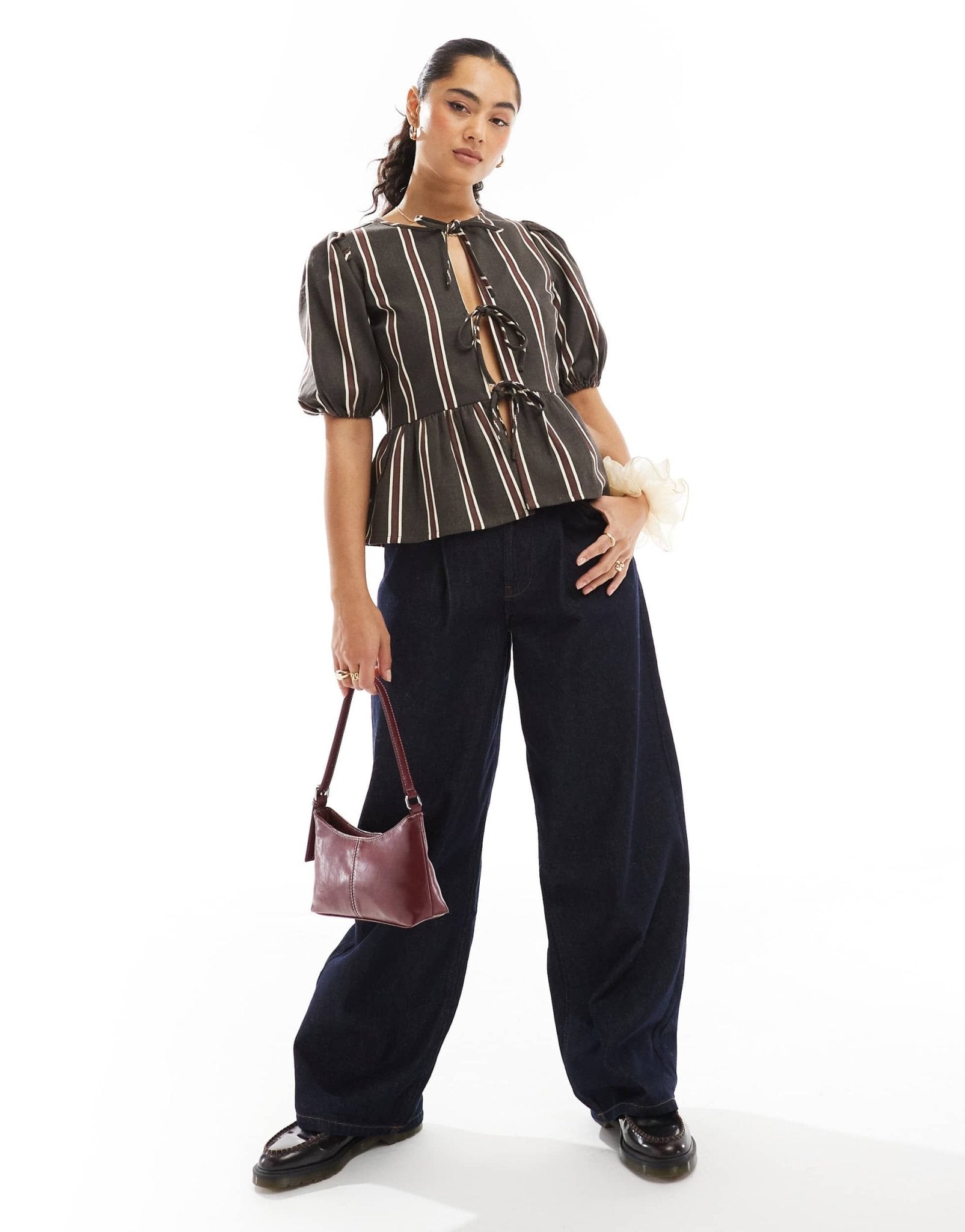 Wednesday's Girl tie front striped blouse in brown - ASOS Sample Sale EU Store