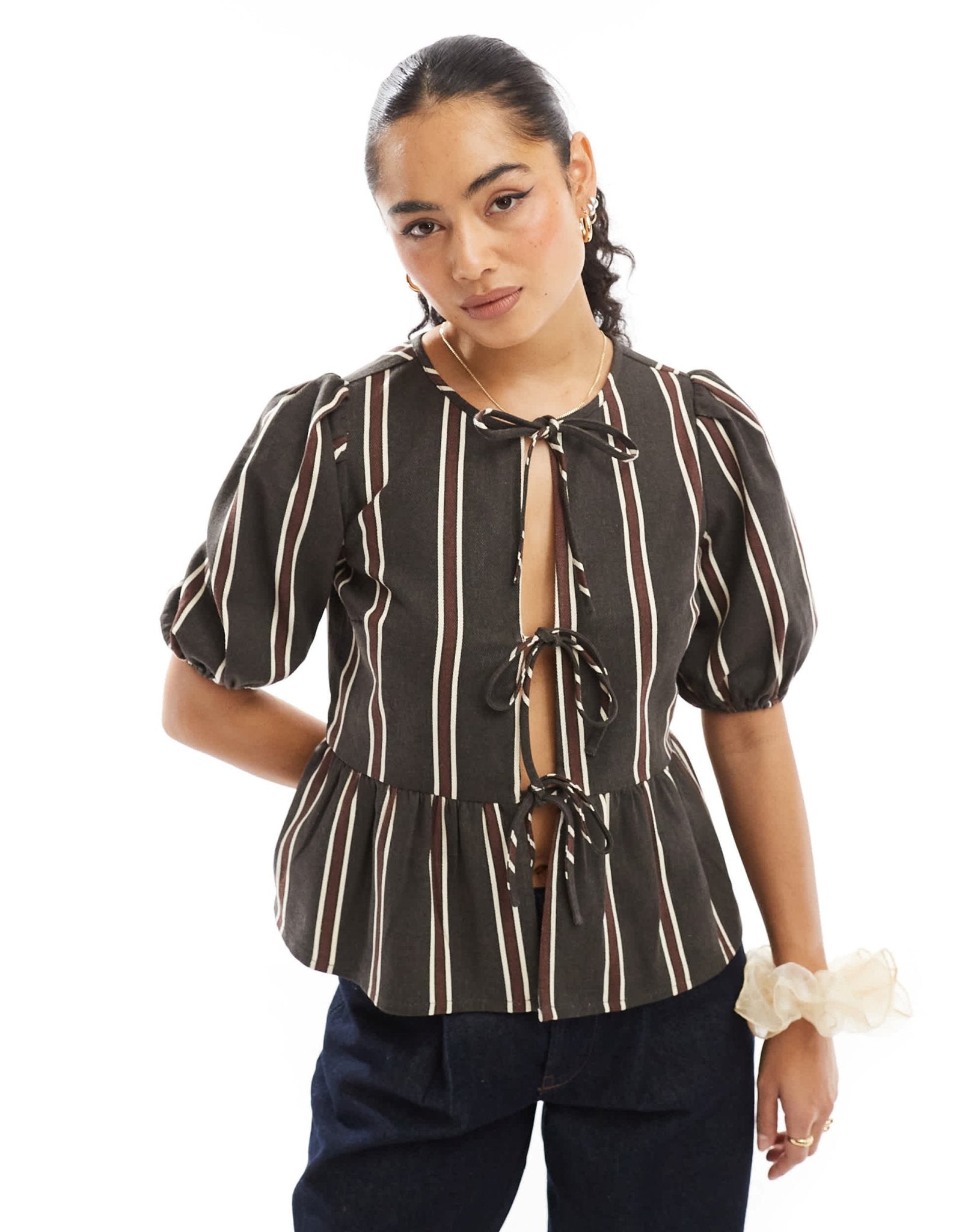 Wednesday's Girl tie front striped blouse in brown - ASOS Sample Sale EU Store