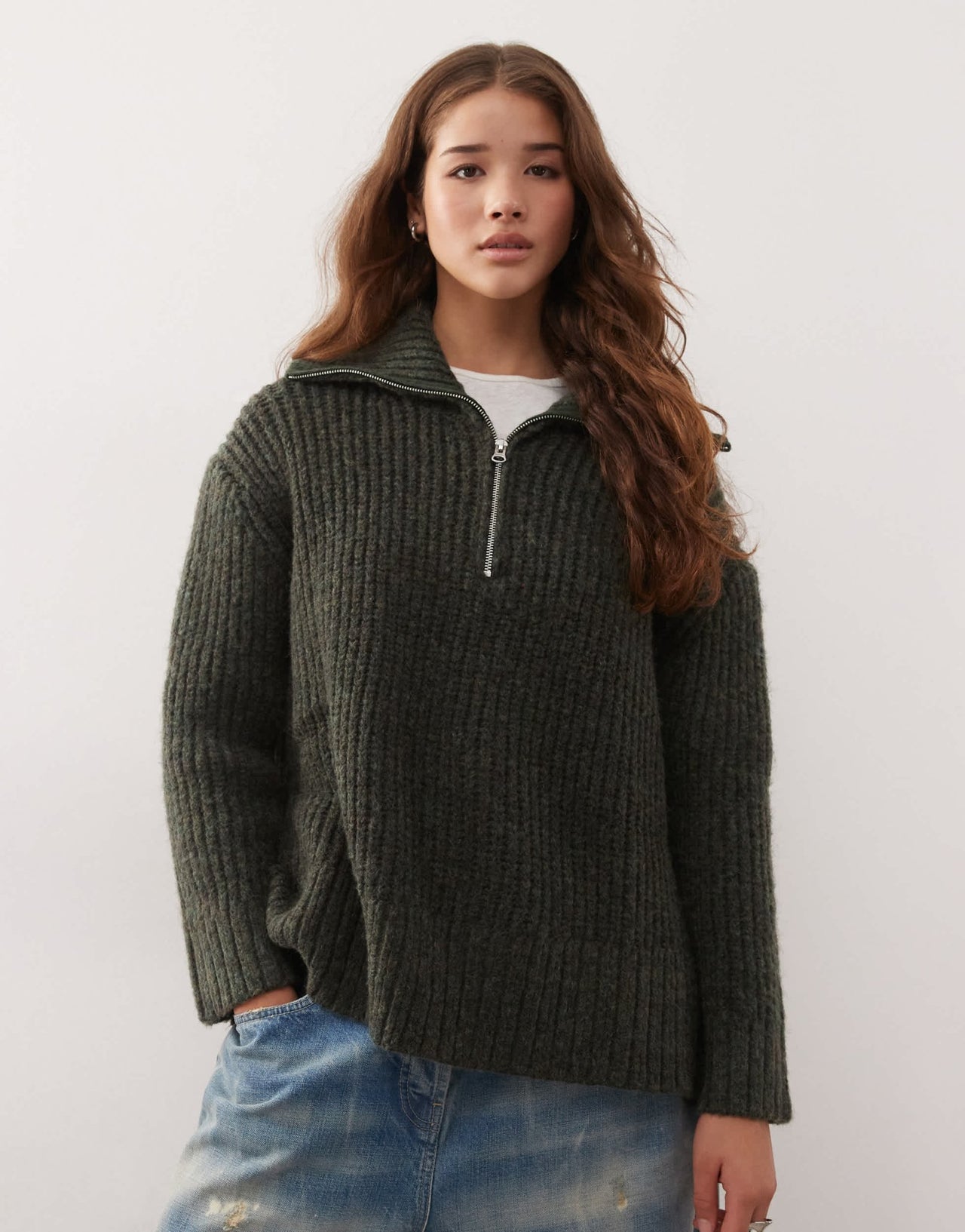 Weekday Cillia half zip jumper in dark green melange - ASOS Sample Sale EU Store