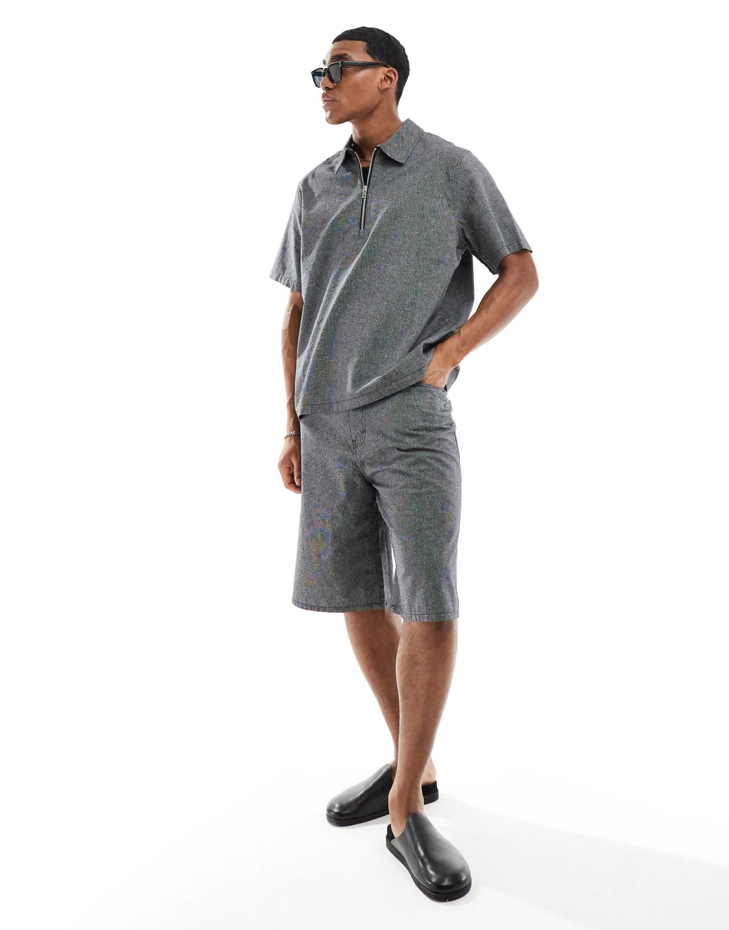 Weekday Dejan co - ord relaxed fit short sleeve polo zip shirt in black and white - ASOS Sample Sale EU Store