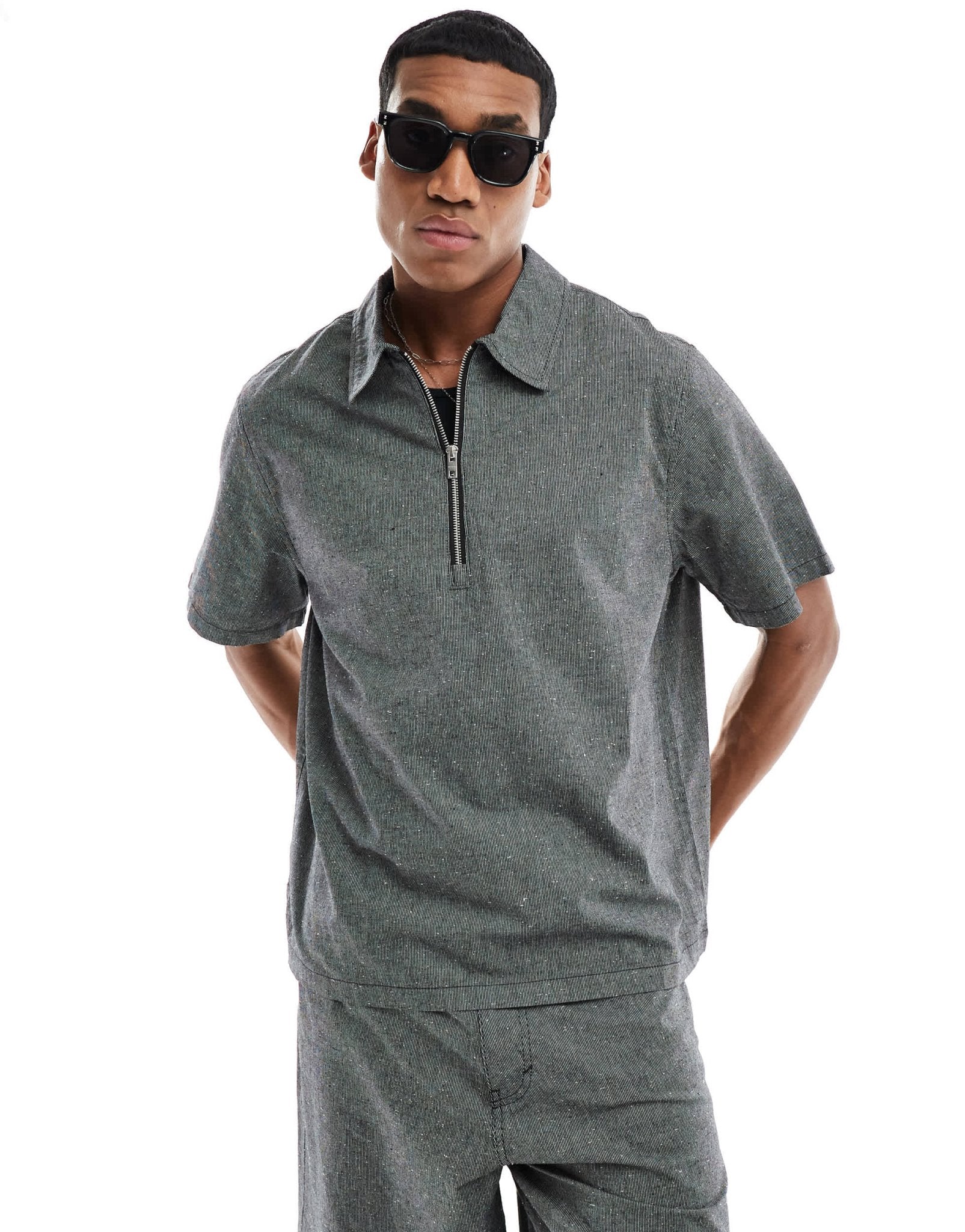 Weekday Dejan co - ord relaxed fit short sleeve polo zip shirt in black and white - ASOS Sample Sale EU Store