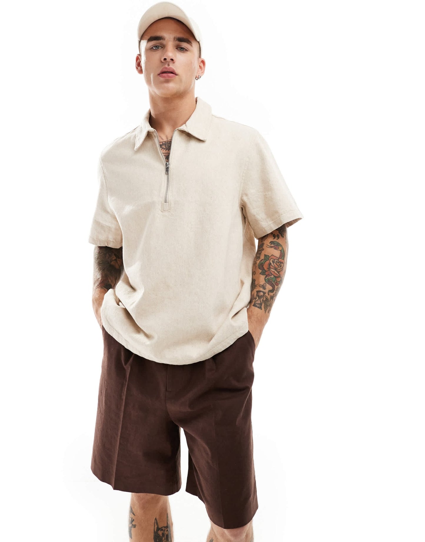 Weekday Dejan heavyweight linen short sleeve polo zip shirt in beige - ASOS Sample Sale EU Store