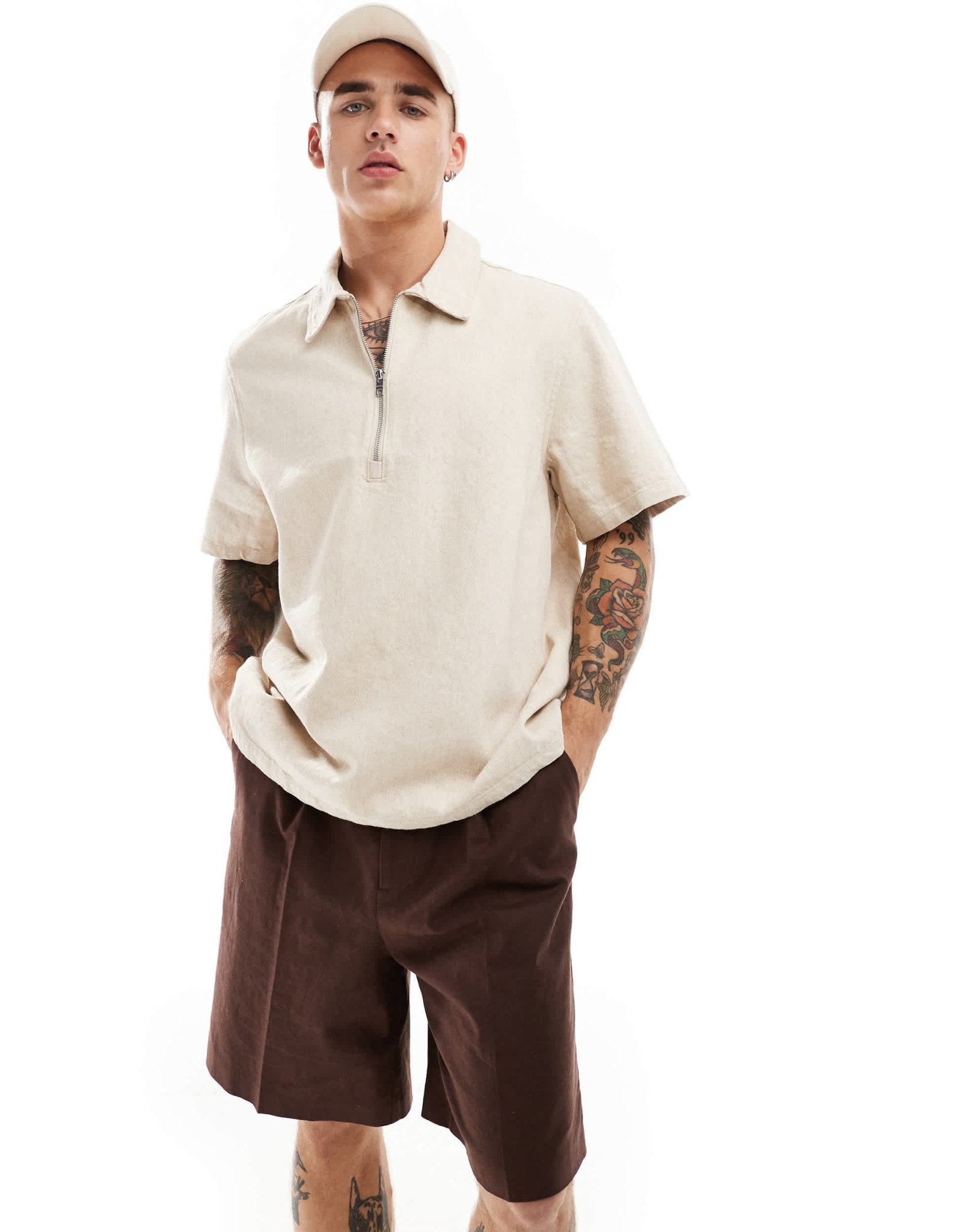 Weekday Dejan heavyweight linen short sleeve polo zip shirt in beige - ASOS Sample Sale EU Store