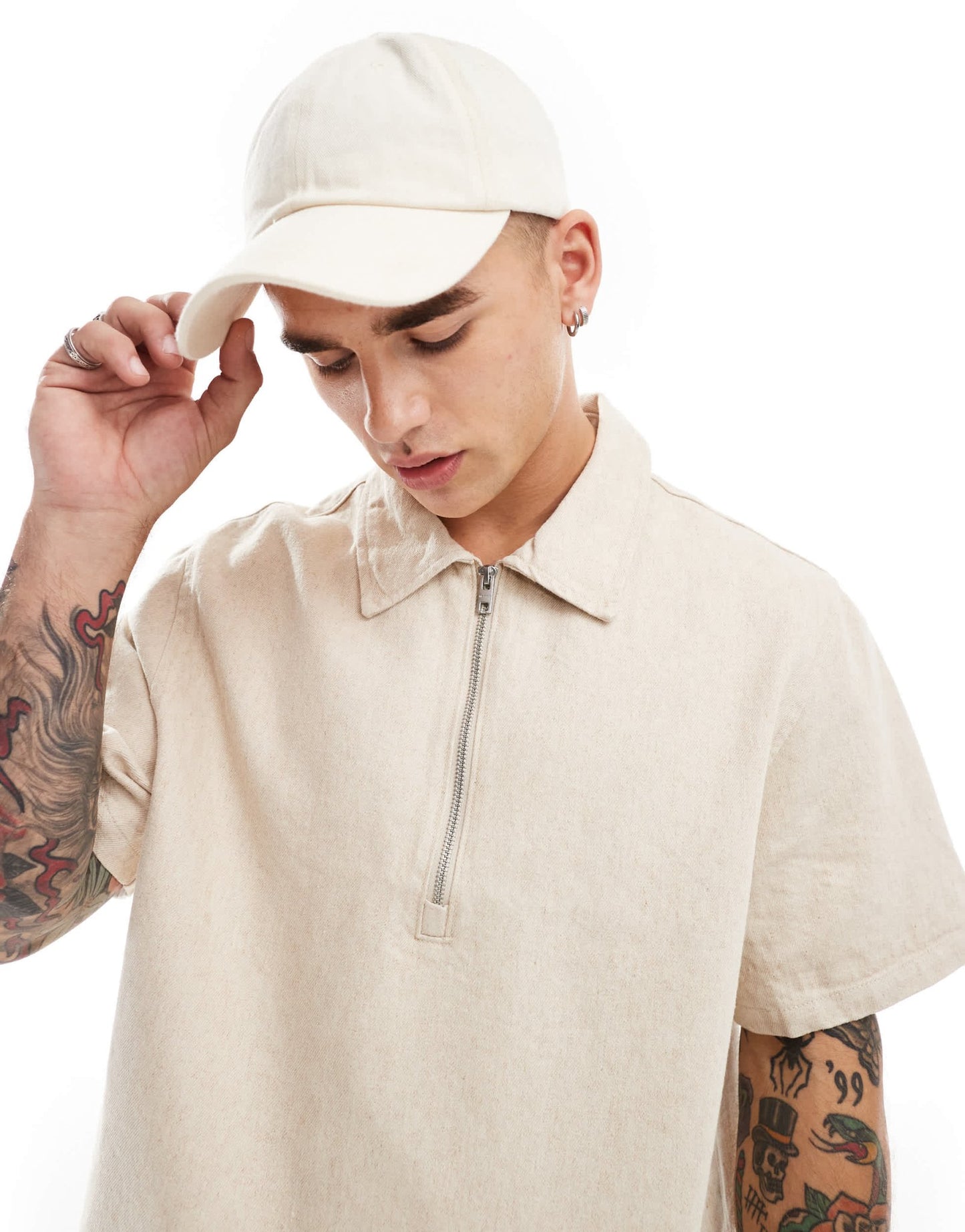 Weekday Dejan heavyweight linen short sleeve polo zip shirt in beige - ASOS Sample Sale EU Store