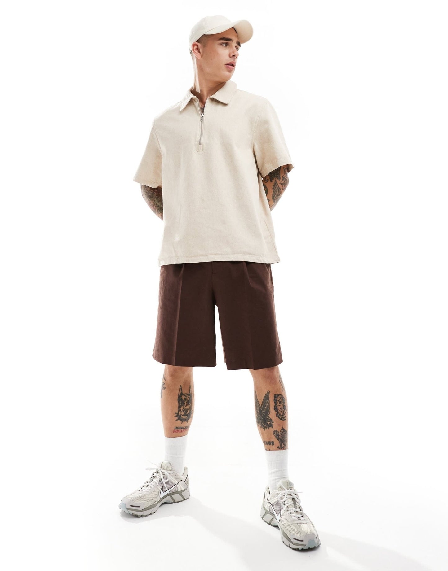 Weekday Dejan heavyweight linen short sleeve polo zip shirt in beige - ASOS Sample Sale EU Store