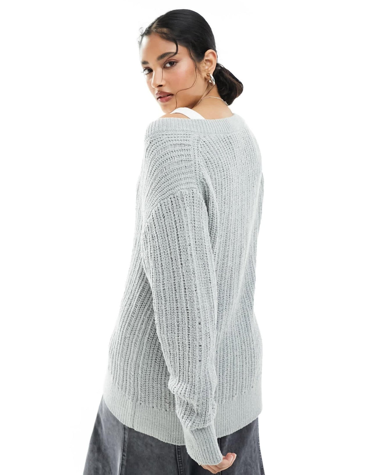 Weekday Farila oversized v neck ladder knit jumper in light grey - ASOS Sample Sale EU Store