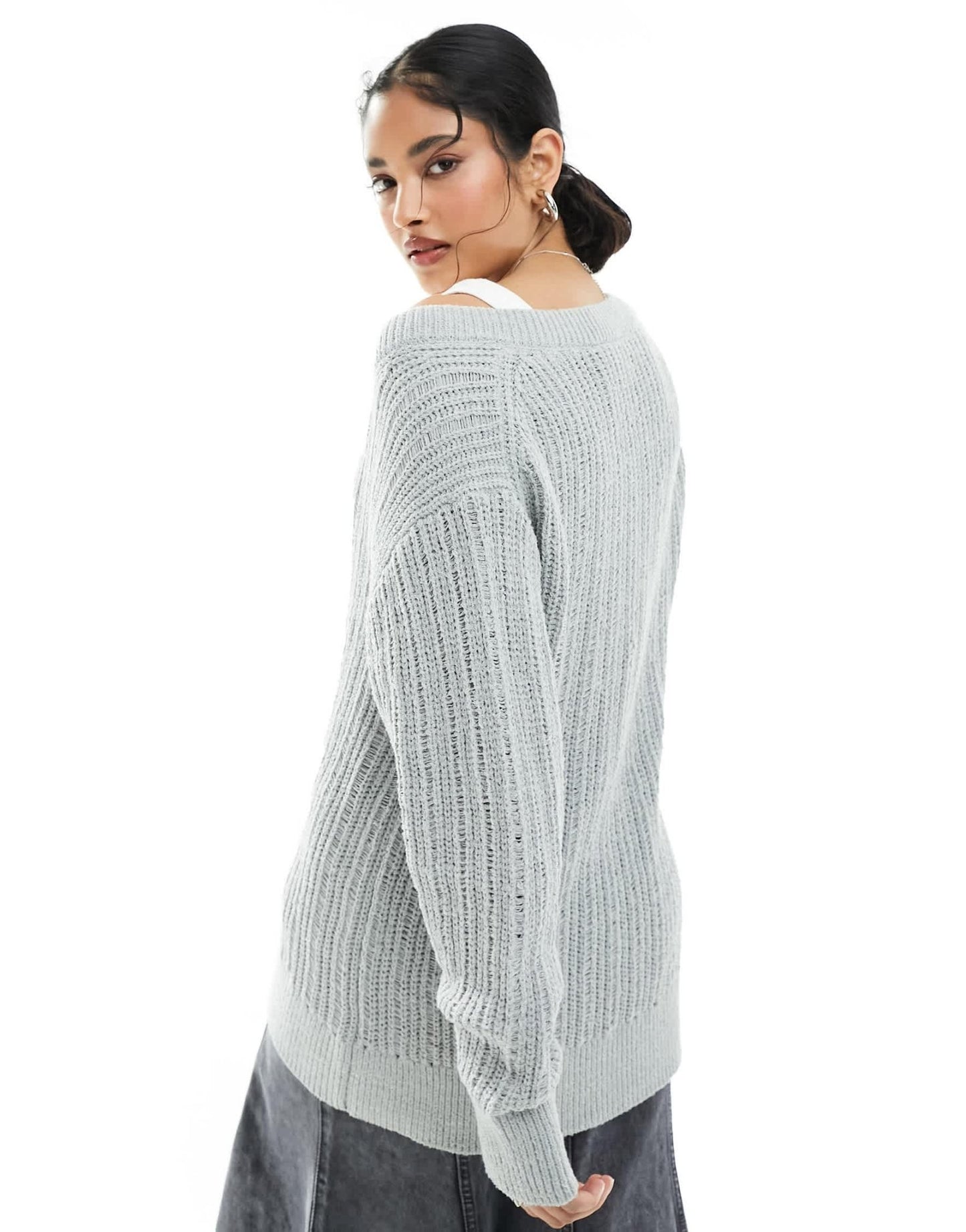 Weekday Farila oversized v neck ladder knit jumper in light grey - ASOS Sample Sale EU Store