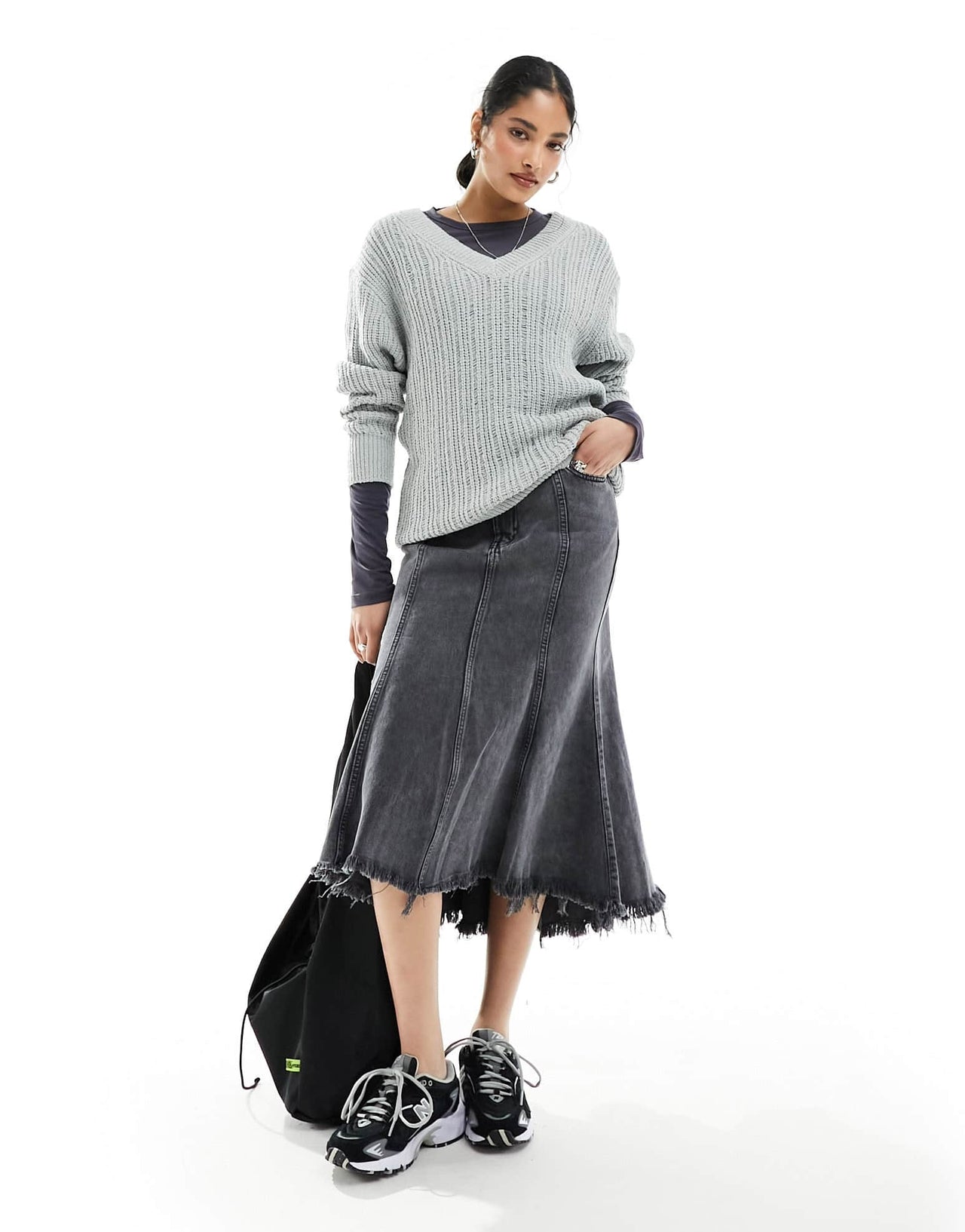 Weekday Farila oversized v neck ladder knit jumper in light grey - ASOS Sample Sale EU Store