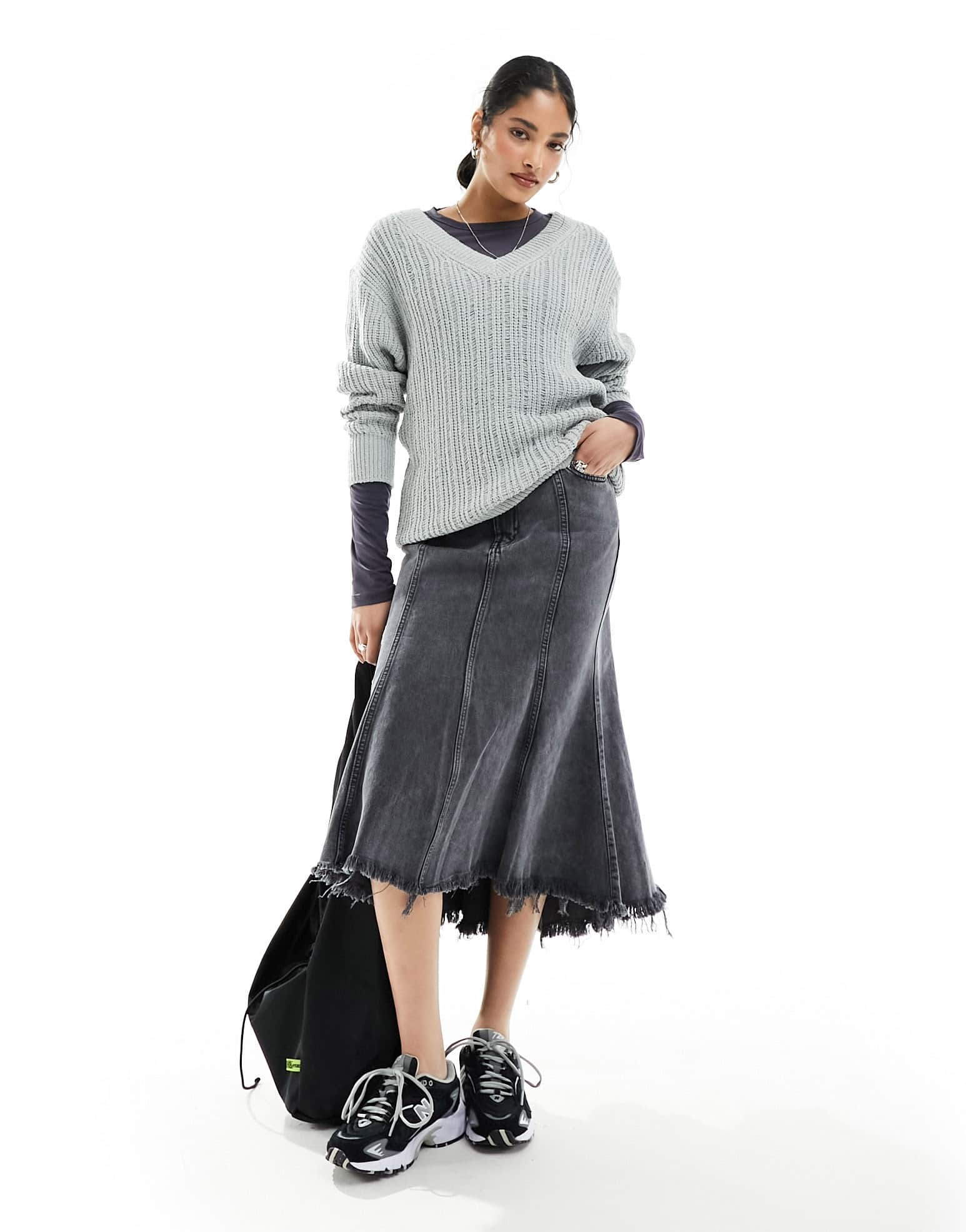 Weekday Farila oversized v neck ladder knit jumper in light grey - ASOS Sample Sale EU Store