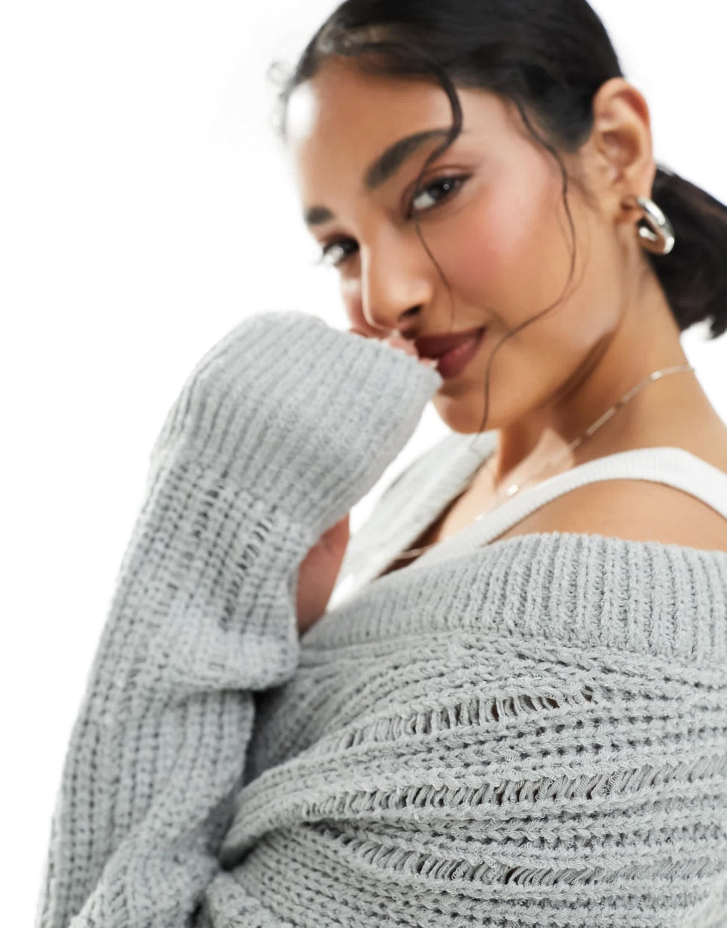 Weekday Farila oversized v neck ladder knit jumper in light grey - ASOS Sample Sale EU Store