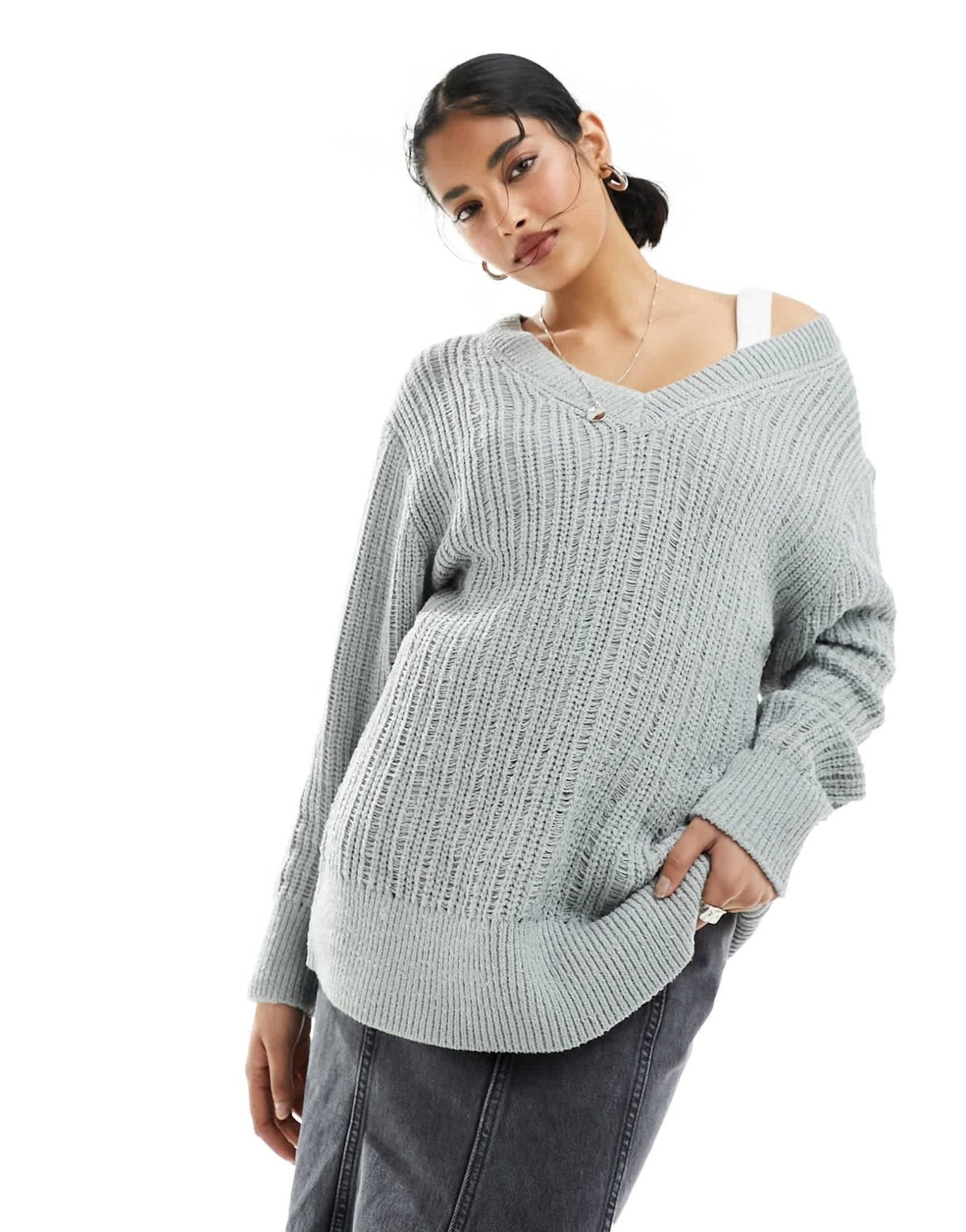 Weekday Farila oversized v neck ladder knit jumper in light grey - ASOS Sample Sale EU Store