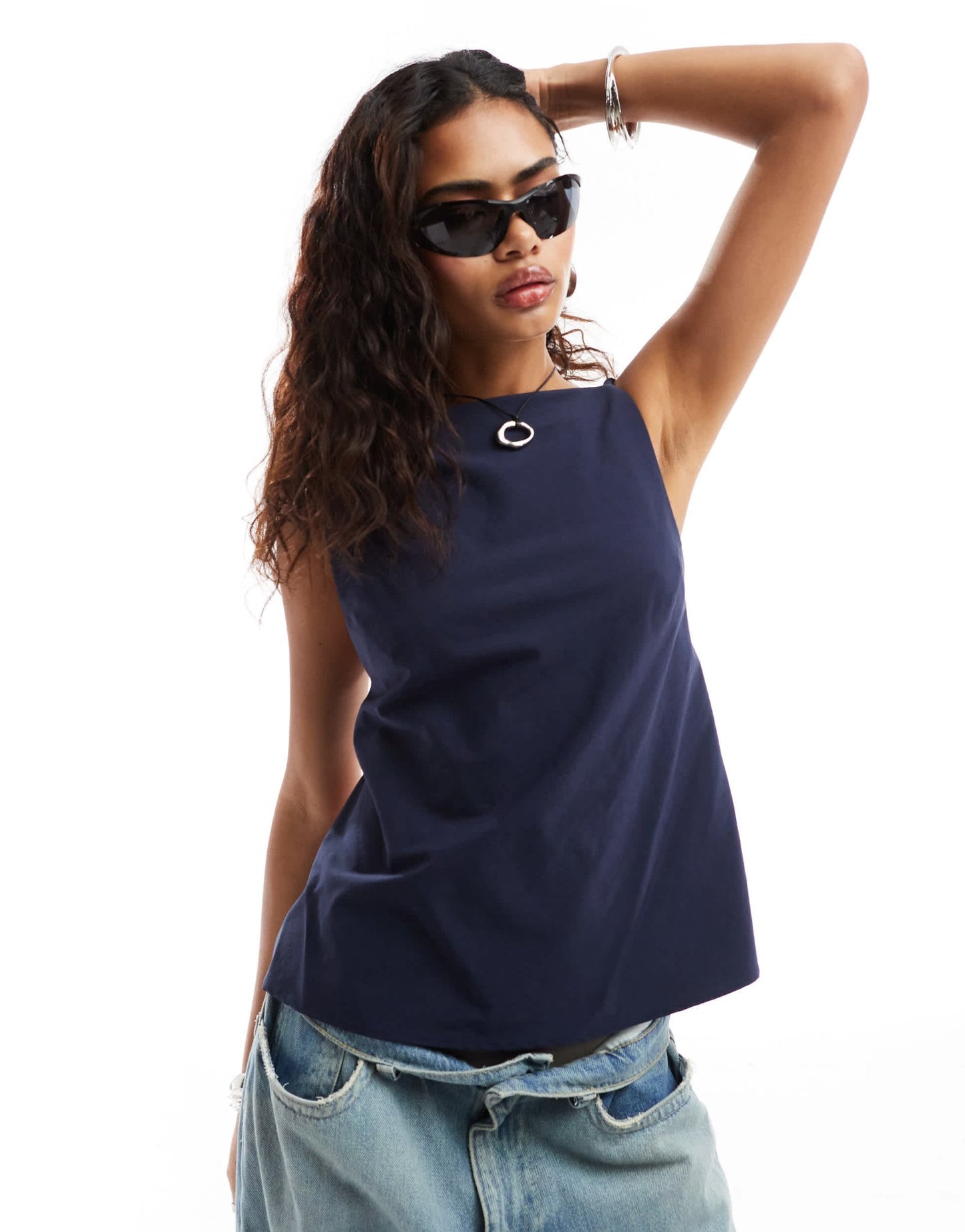 Weekday Fleur high neck cami top with exposed back in navy - ASOS Sample Sale EU Store