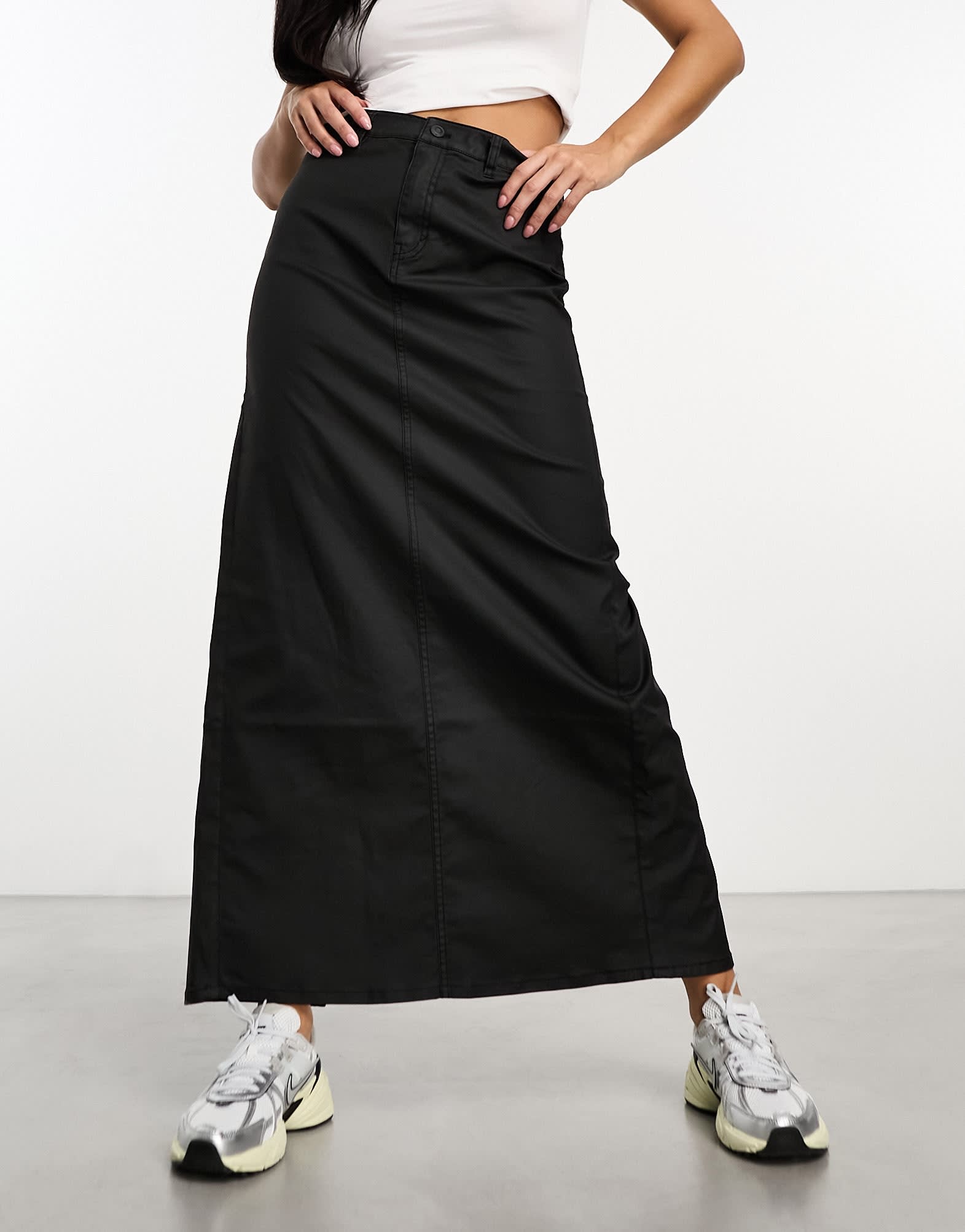 Weekday Rose wax coated maxi skirt with split in black - ASOS Sample Sale EU Store