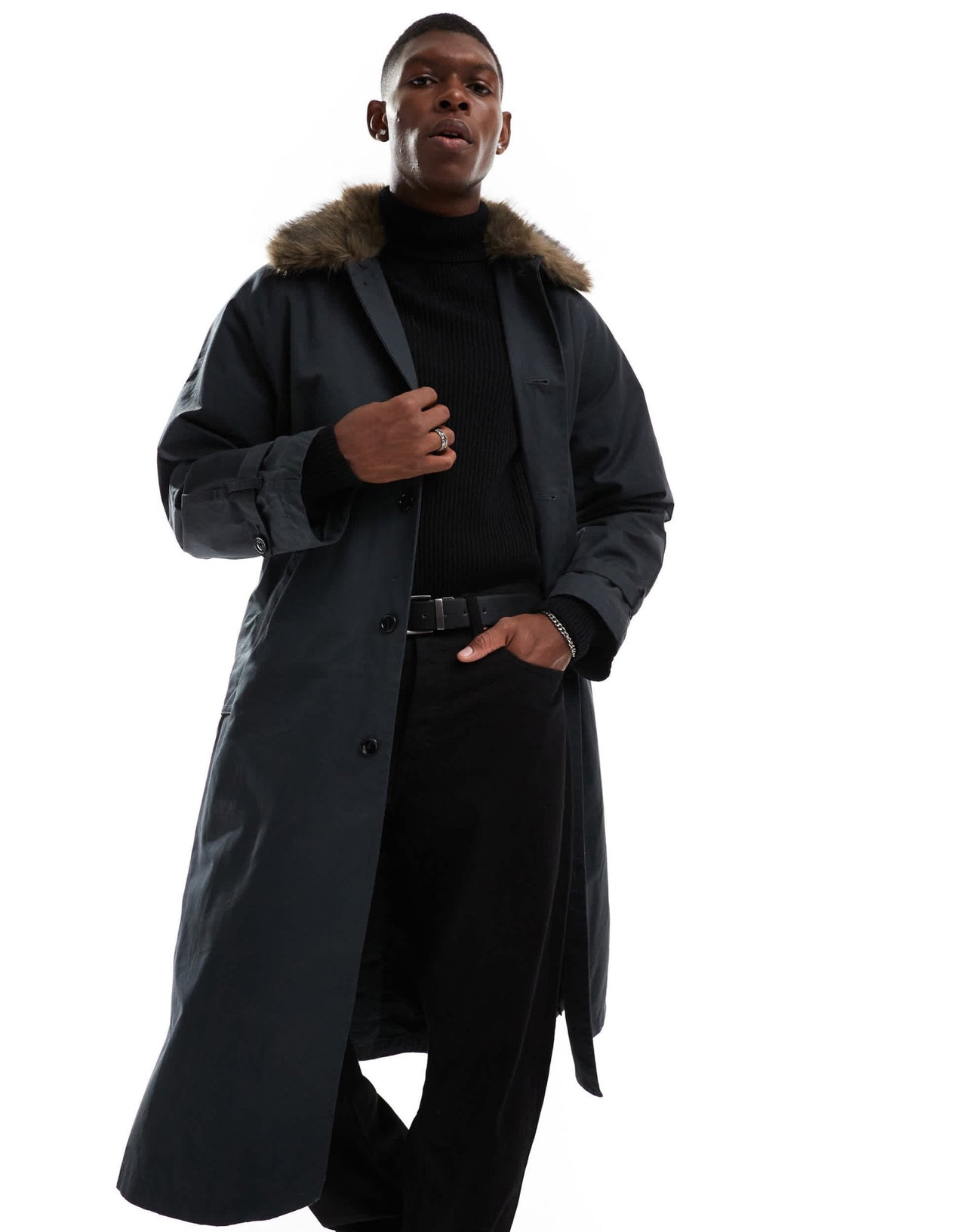 Weekday Wade oversized trench coat with faux fur collar in off - black - ASOS Sample Sale EU Store