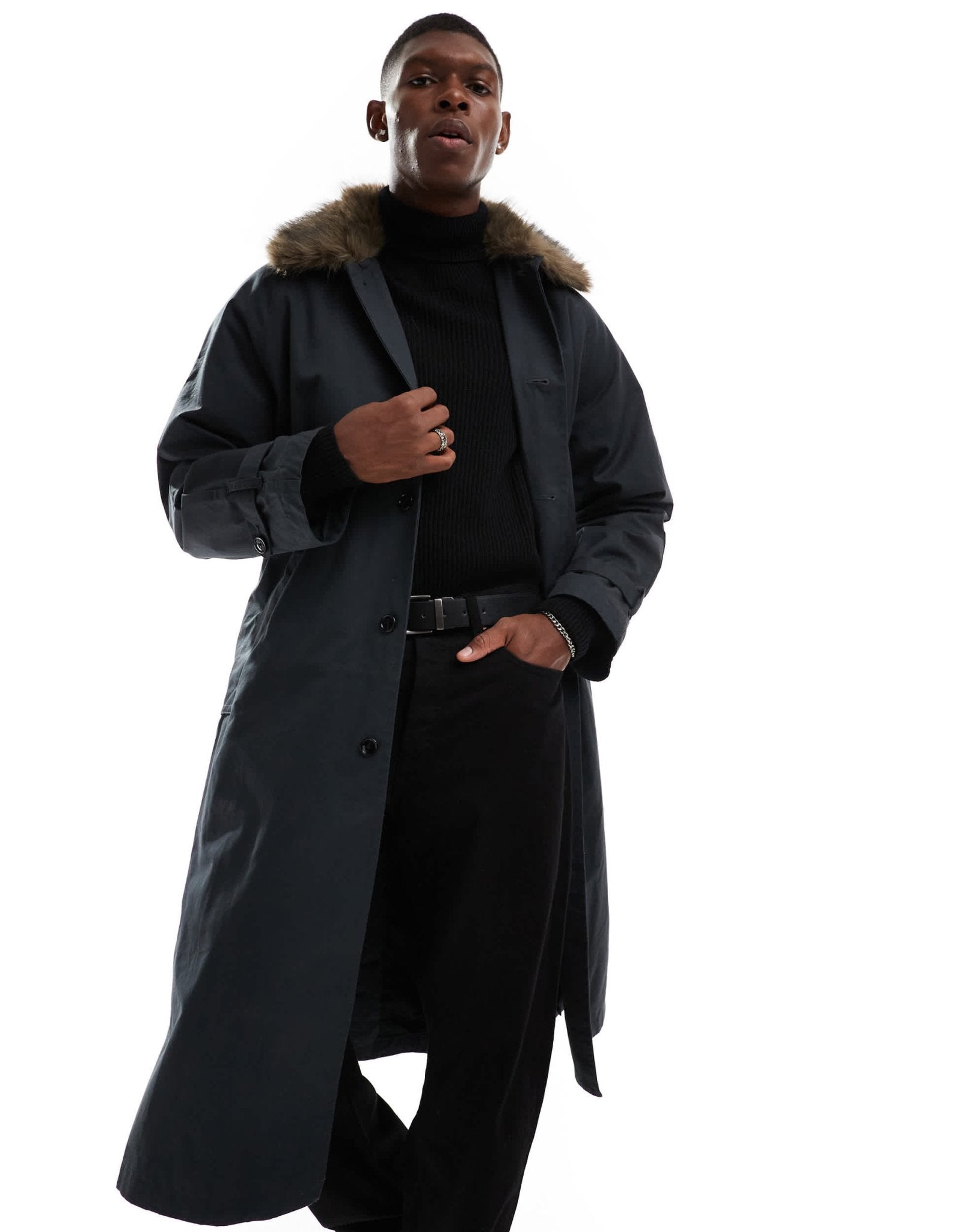 Weekday Wade oversized trench coat with faux fur collar in off - black - ASOS Sample Sale EU Store