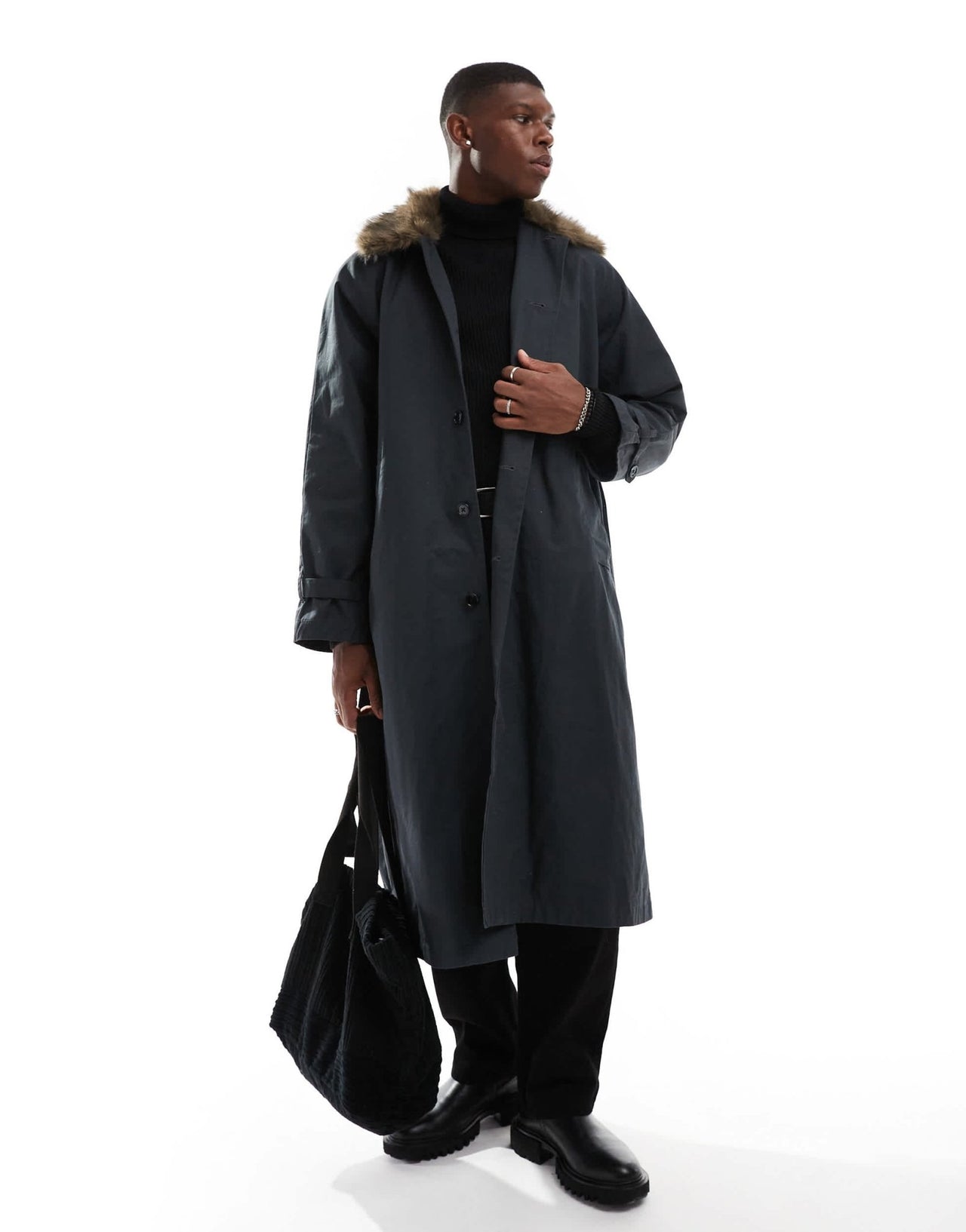 Weekday Wade oversized trench coat with faux fur collar in off - black - ASOS Sample Sale EU Store
