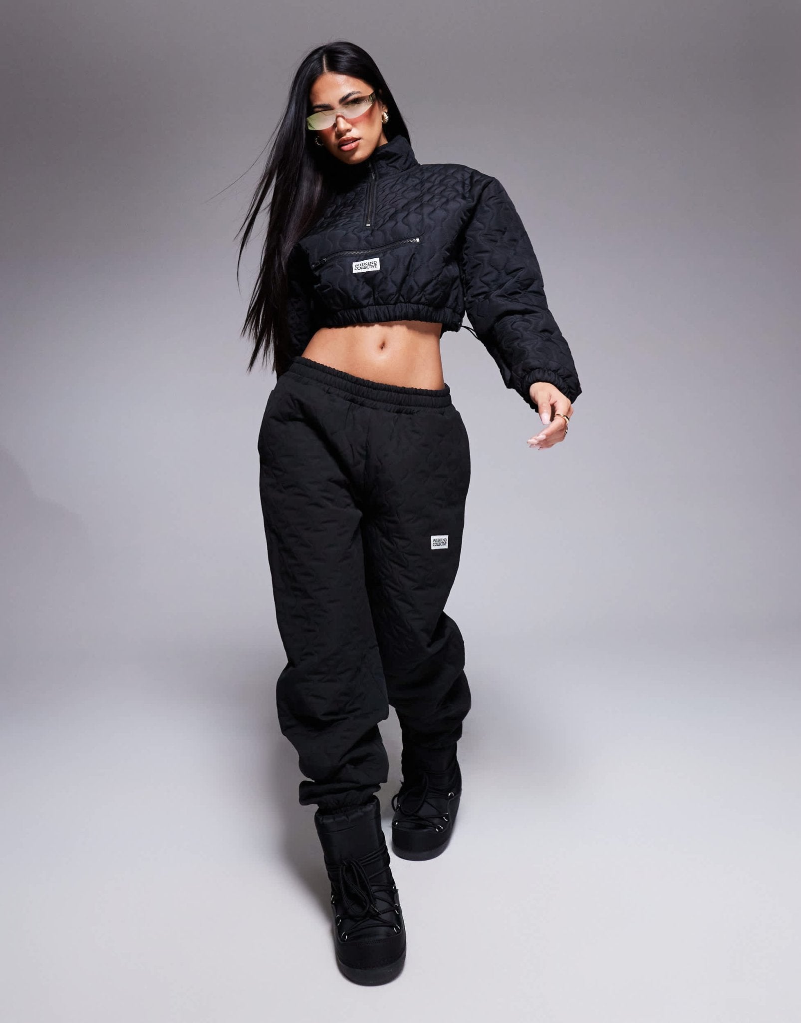Weekend Collective co - ord quilted nylon cropped half zip pull over jacket in black - ASOS Sample Sale EU Store