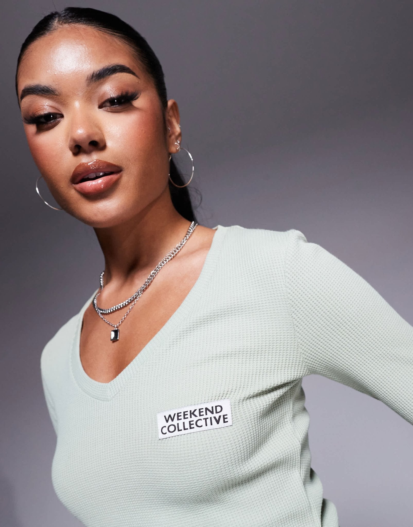 Weekend Collective co - ord waffle v neck top in sage green - ASOS Sample Sale EU Store