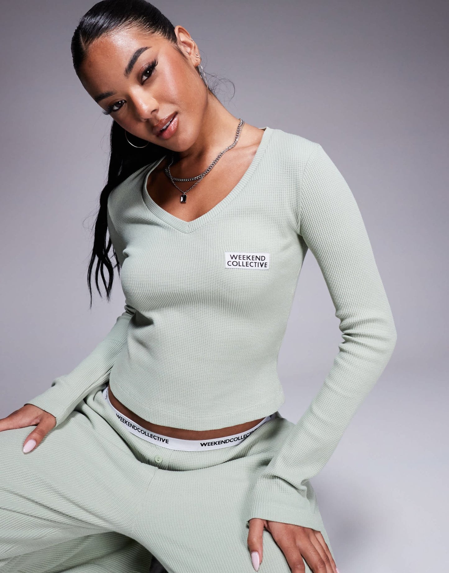 Weekend Collective co - ord waffle v neck top in sage green - ASOS Sample Sale EU Store