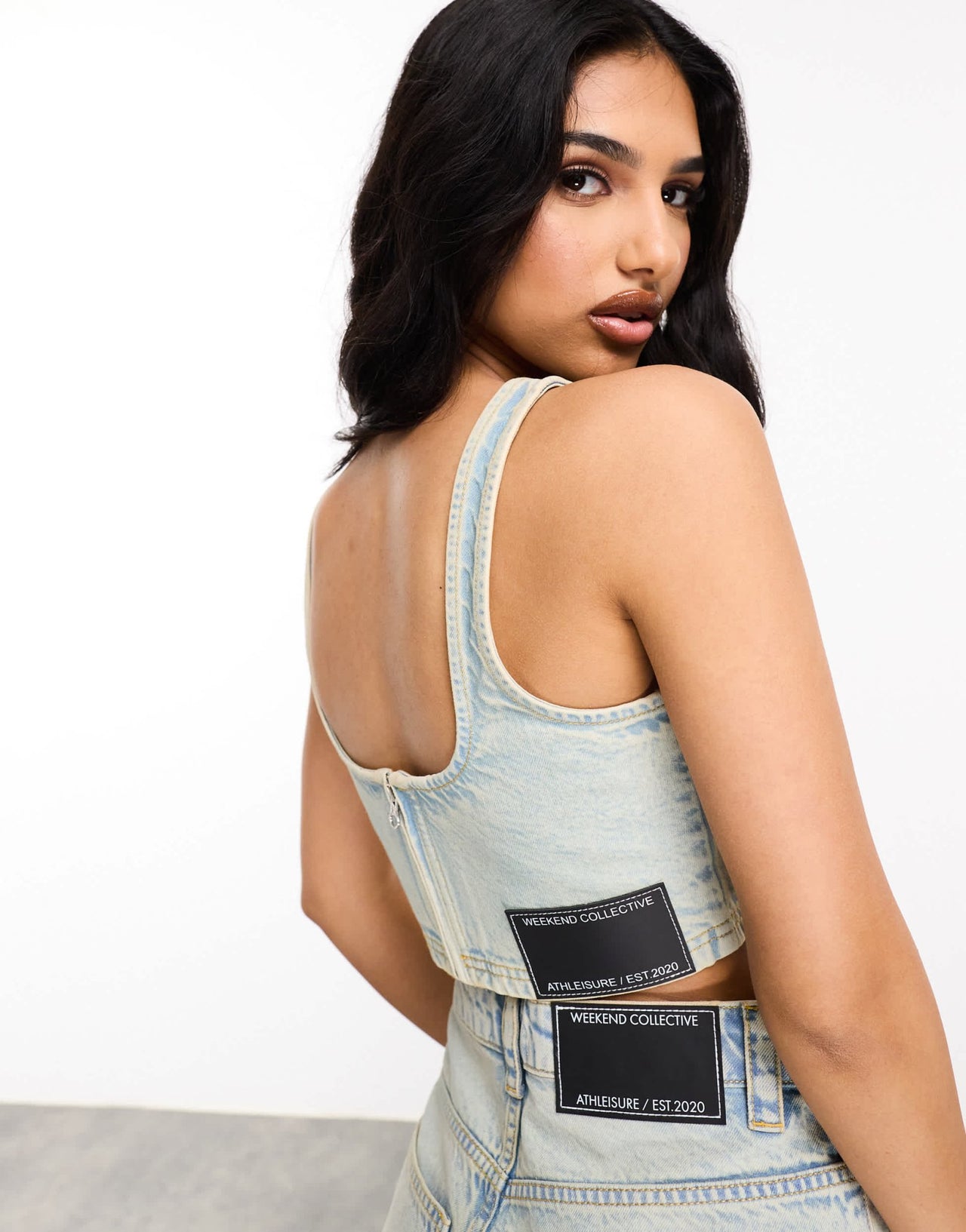Weekend Collective denim bralet with raw edge logo - ASOS Sample Sale EU Store