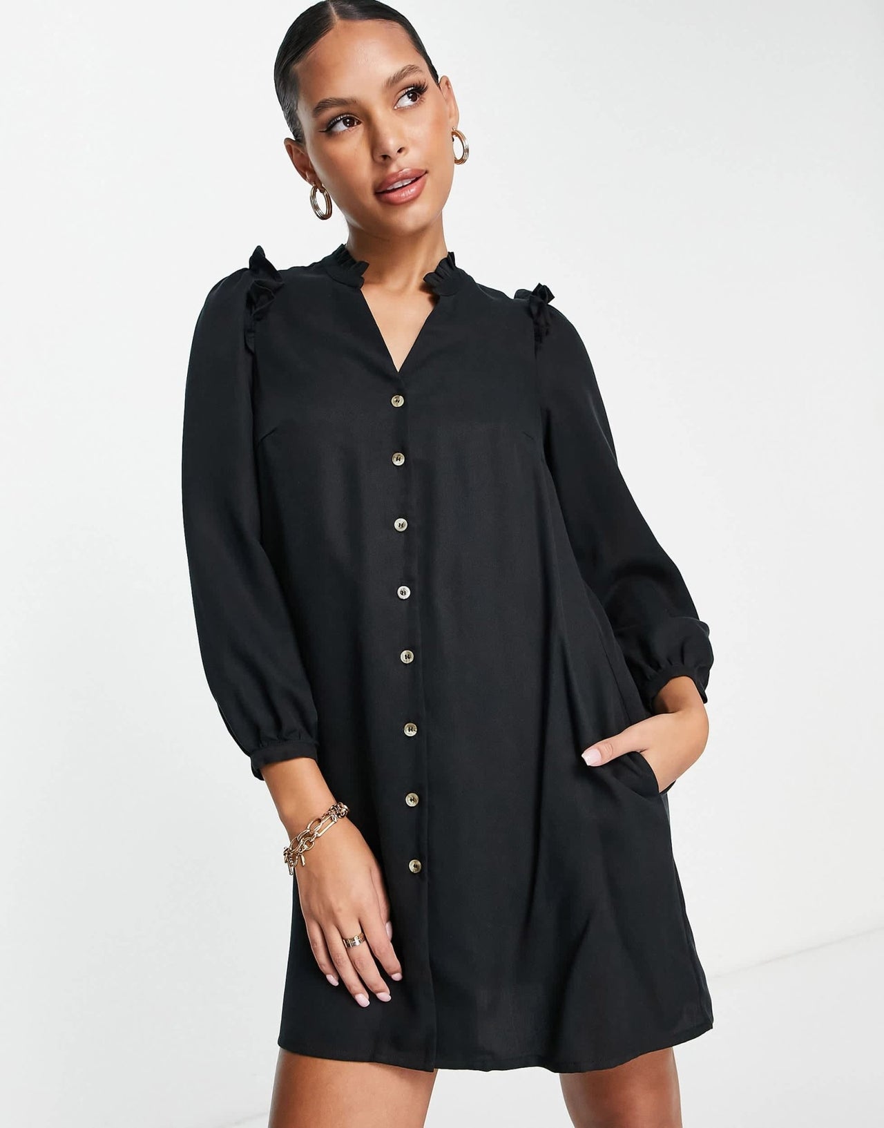 Whistles button front mini dress with shoulder detail in black - ASOS Sample Sale EU Store