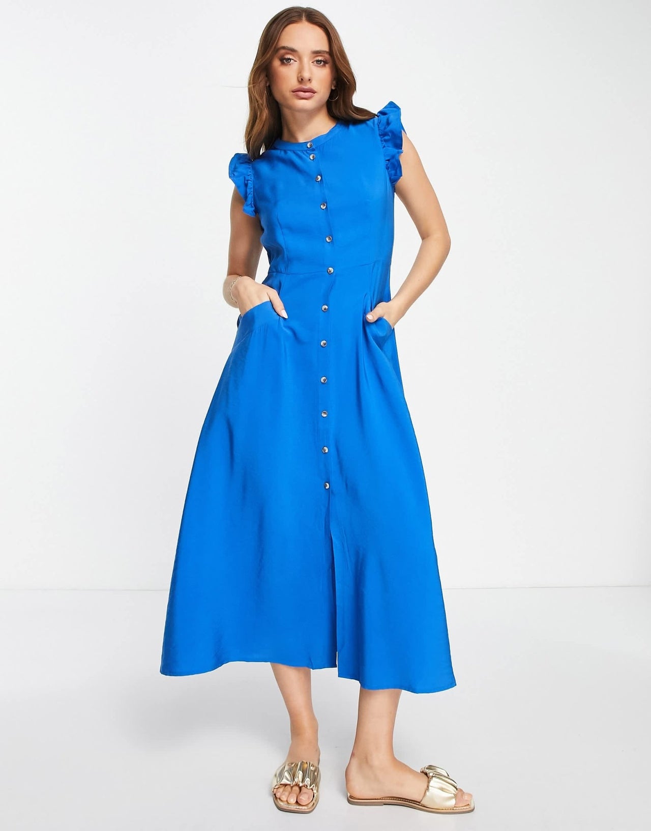 Whistles frill sleeve button down midi dress in blue - ASOS Sample Sale EU Store
