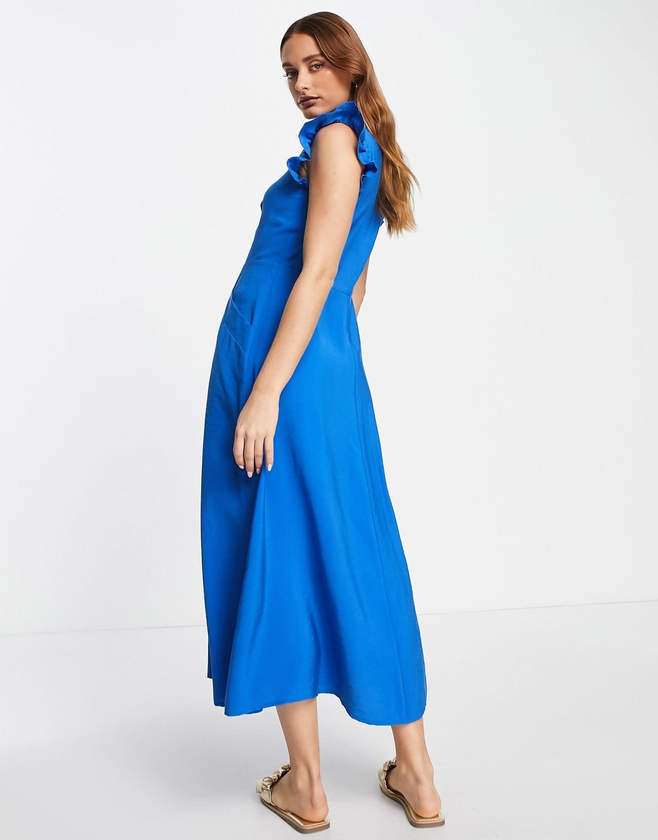 Whistles frill sleeve button down midi dress in blue - ASOS Sample Sale EU Store