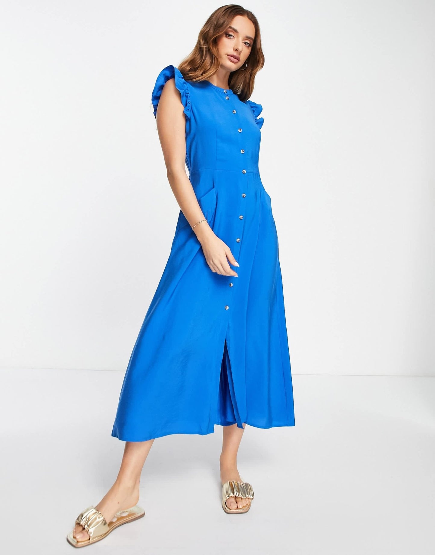 Whistles frill sleeve button down midi dress in blue - ASOS Sample Sale EU Store