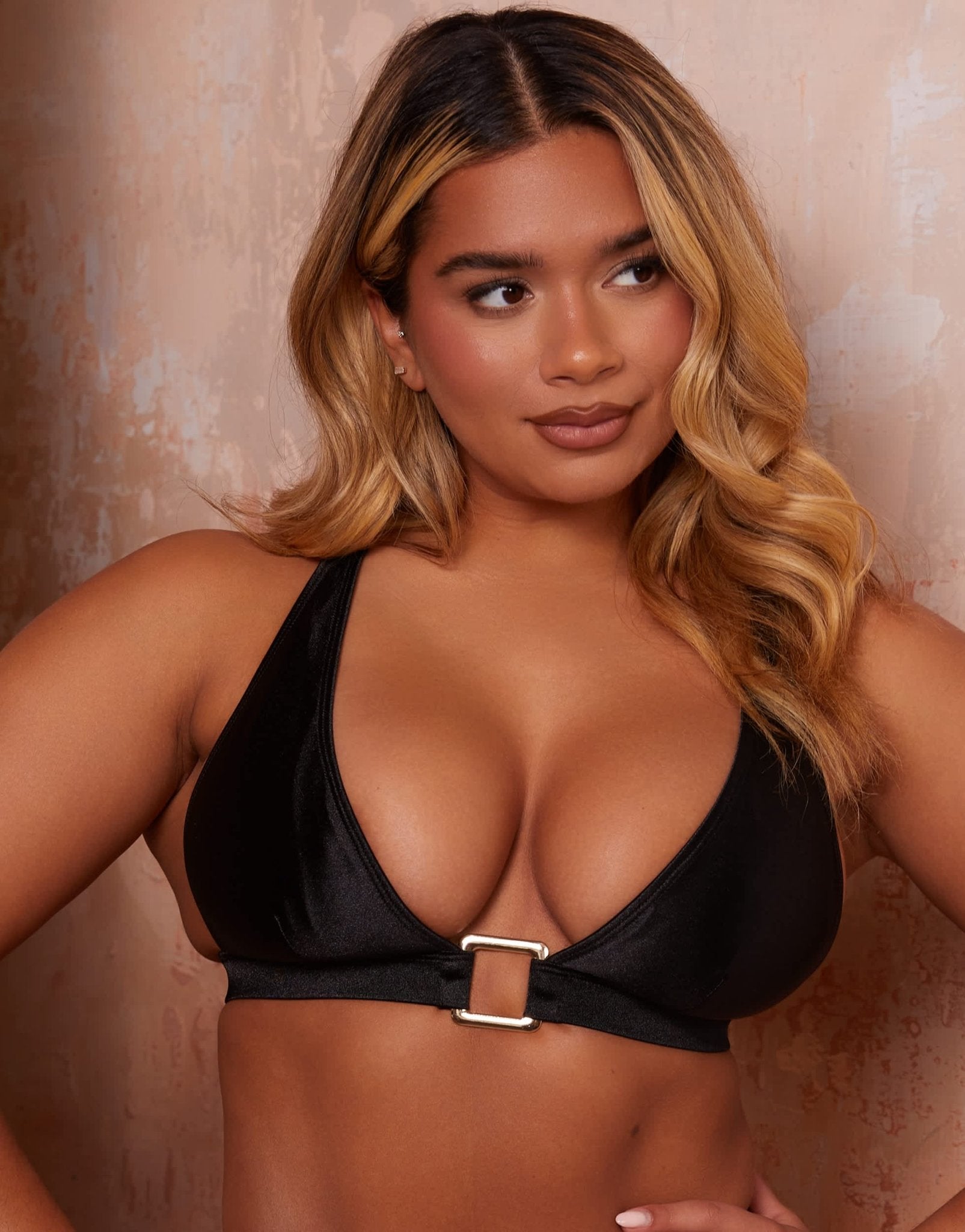 Wolf & Whistle X Natalie Gessey Fuller Bust gold trim detail bikini top in black - ASOS Sample Sale EU Store