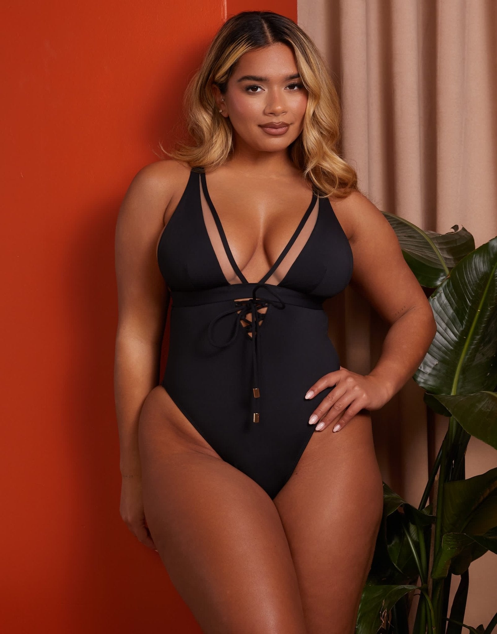Wolf & Whistle X Natalie Gessey Fuller Bust plunge swimsuit in black with mesh and tie details - ASOS Sample Sale EU Store