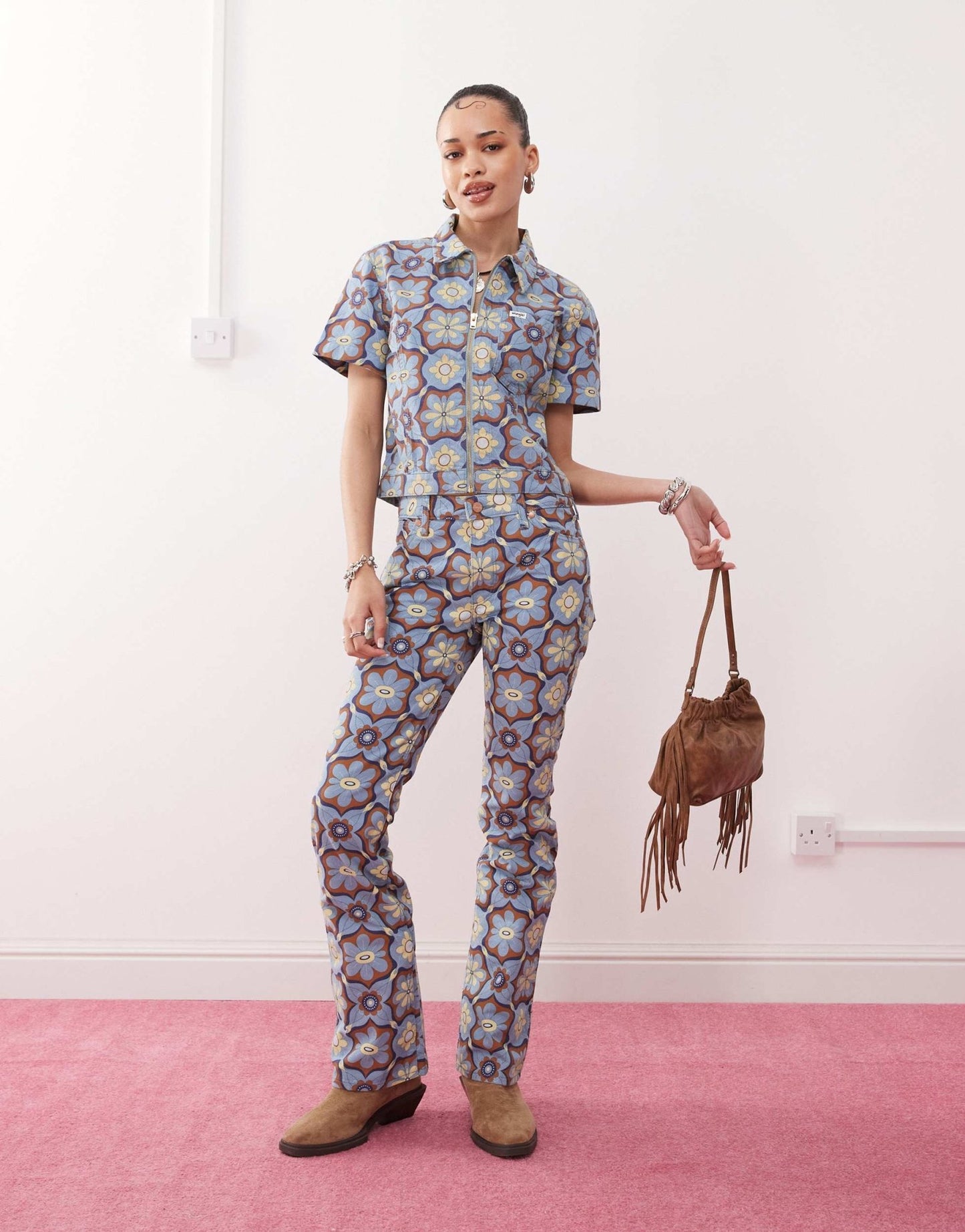 Wrangler zip front top in blue 70s print - ASOS Sample Sale EU Store
