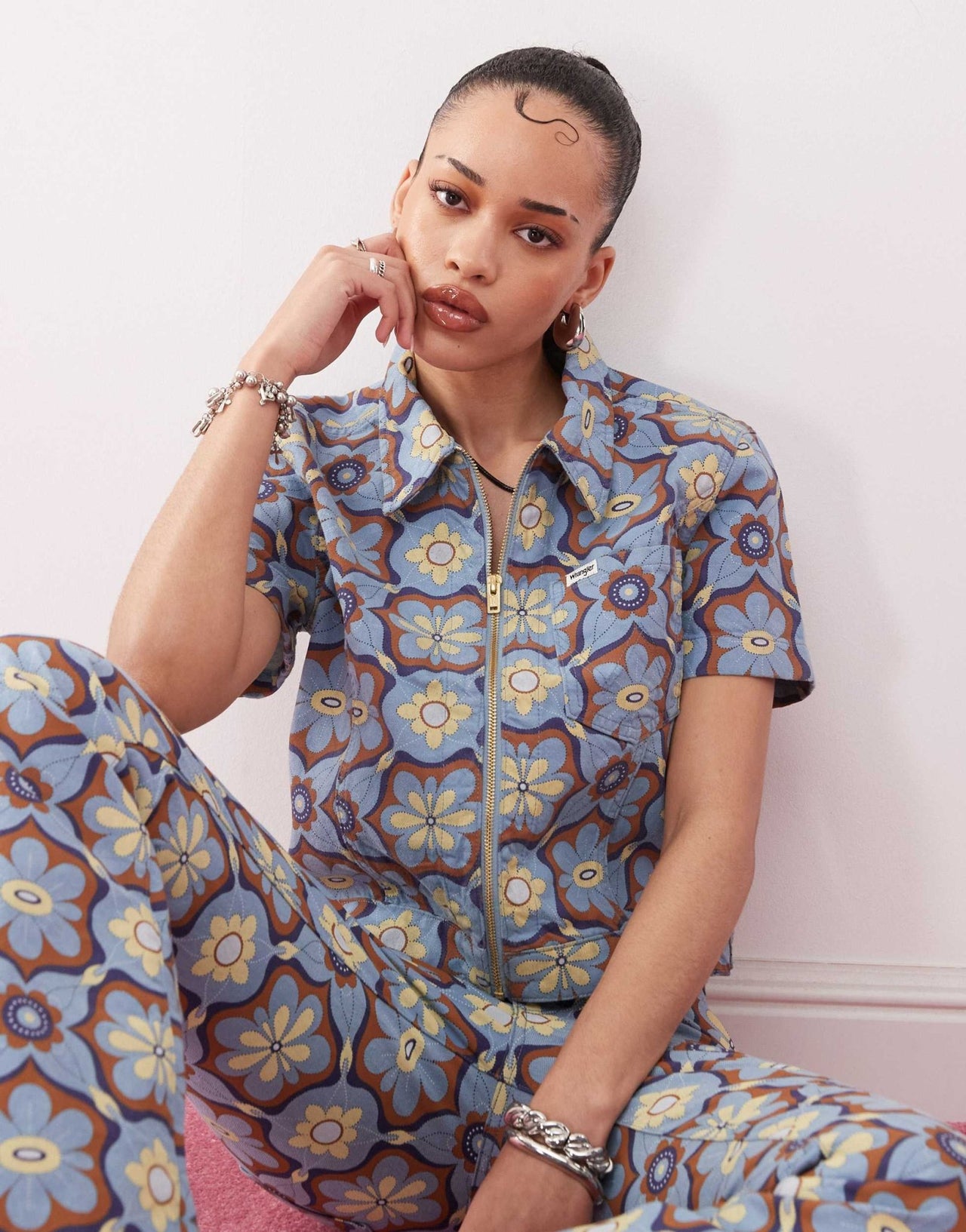 Wrangler zip front top in blue 70s print - ASOS Sample Sale EU Store