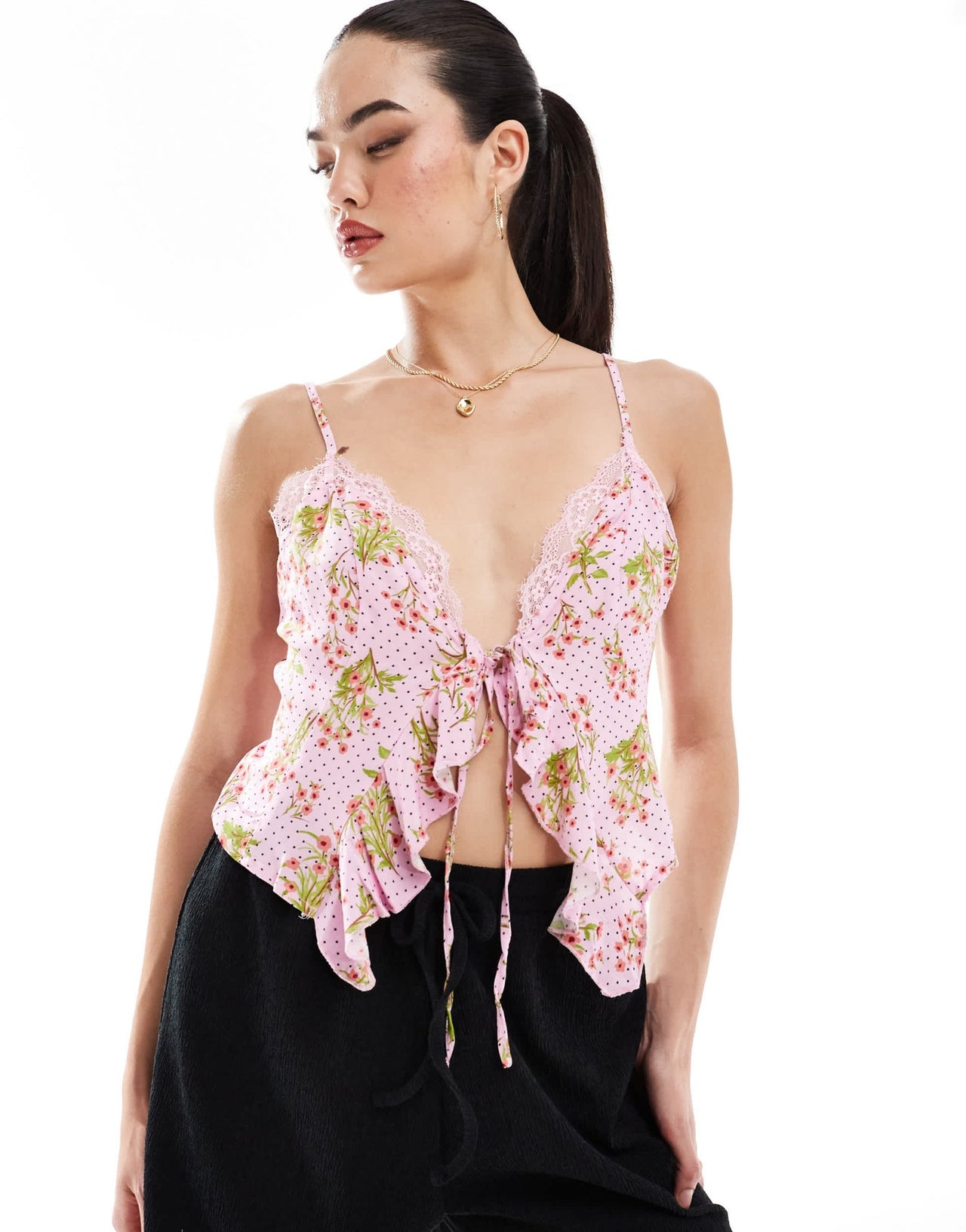 YAS cami frill detail top with tie front in pink floral spot print - MULTI - ASOS Sample Sale EU Store