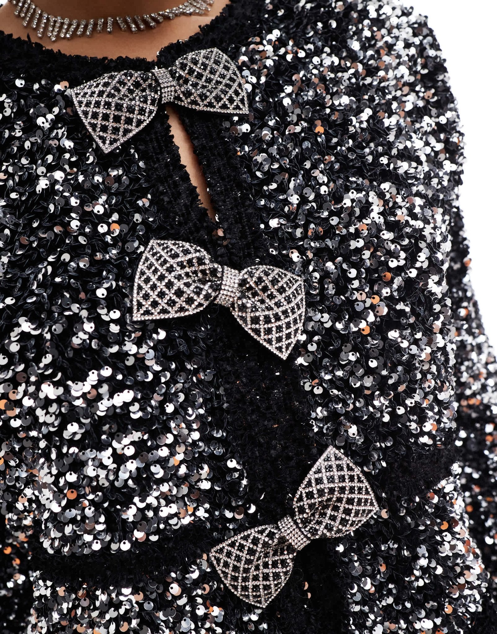 YAS sequin and rhinestone bow extravaganza jacket in black - ASOS Sample Sale EU Store