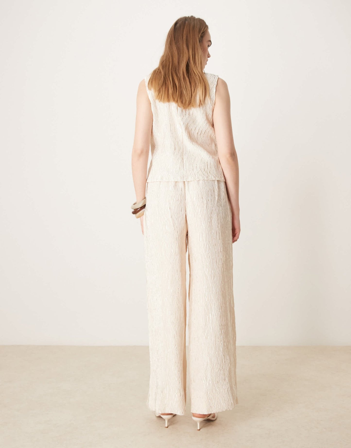 YAS shimmer crinkle wide leg trouser co - ord in sandshell - ASOS Sample Sale EU Store