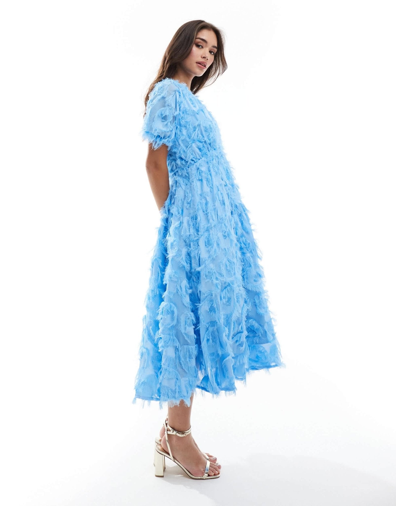YAS textured v - neck midi dress in blue - MBLUE - ASOS Sample Sale EU Store