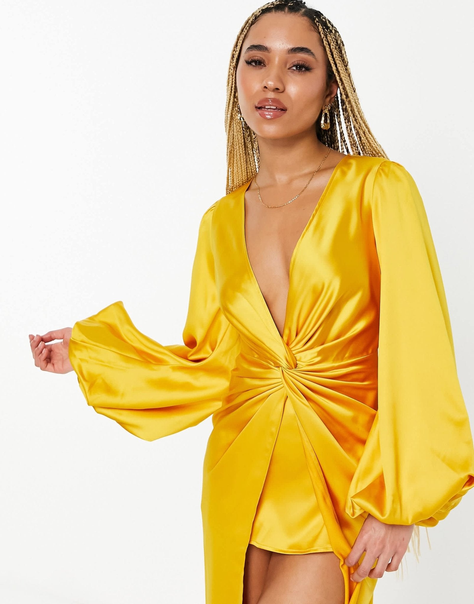Yaura twist front balloon sleeve maxi dress in ochre - ASOS Sample Sale EU Store
