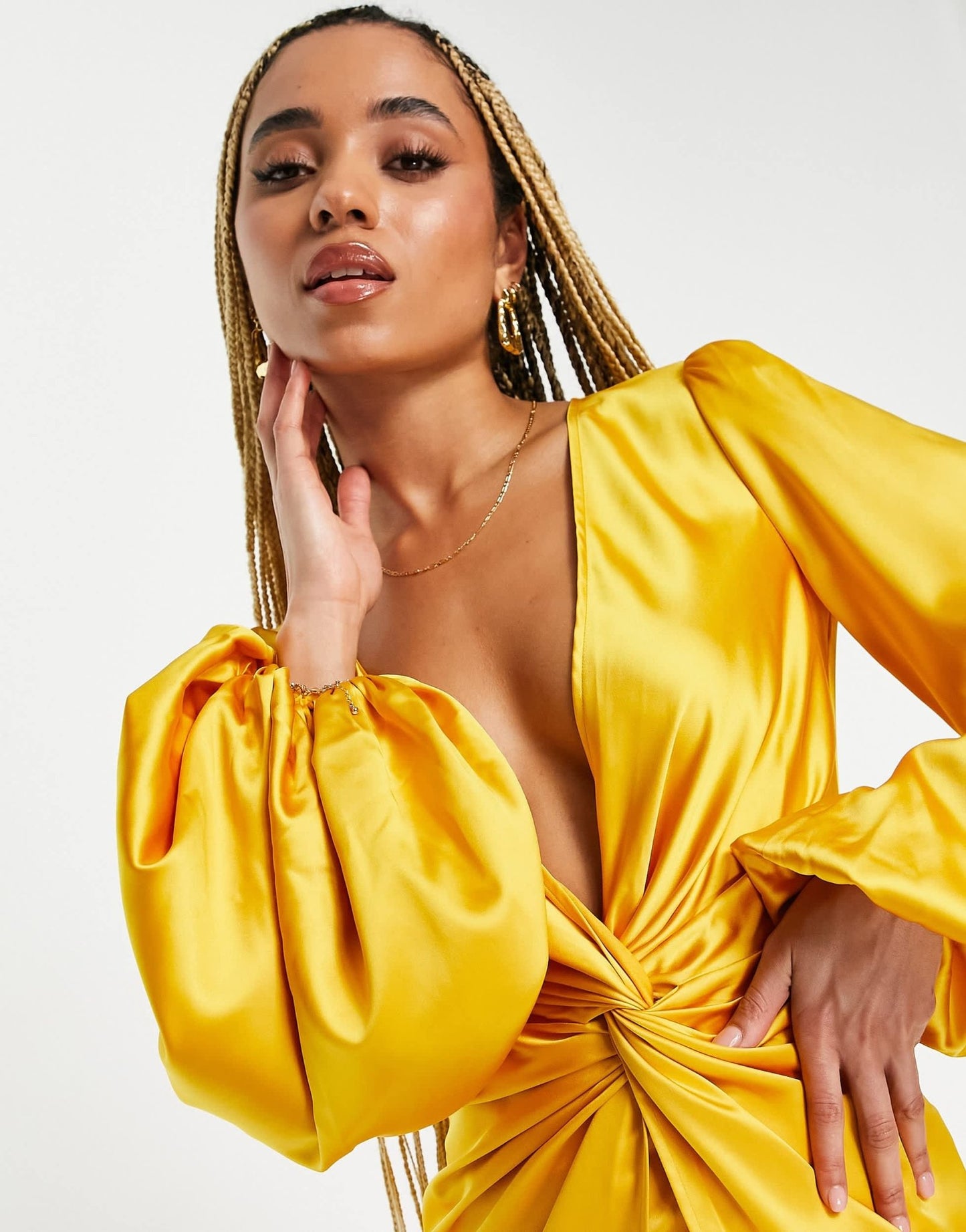 Yaura twist front balloon sleeve maxi dress in ochre - ASOS Sample Sale EU Store